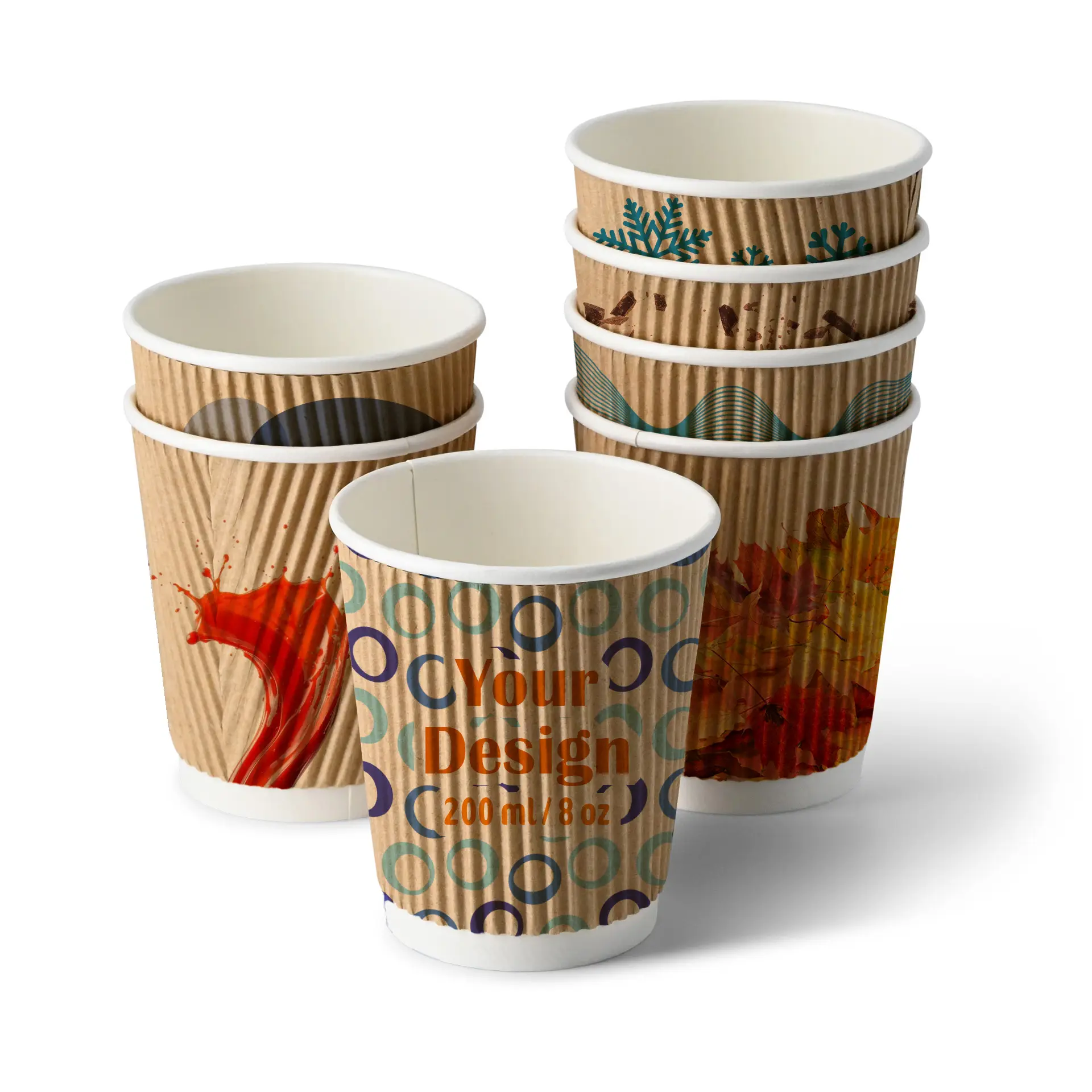 Riffelbecher bedruckt, 200 ml / 8 oz, braun / weiß, PLA-beschichtet