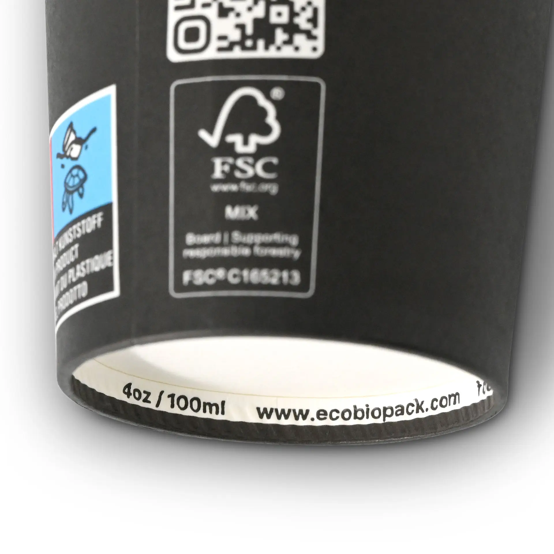 Pappbecher 100 ml / 4 oz, Ø 62 mm, einwandig, schwarz, PLA-beschichtet