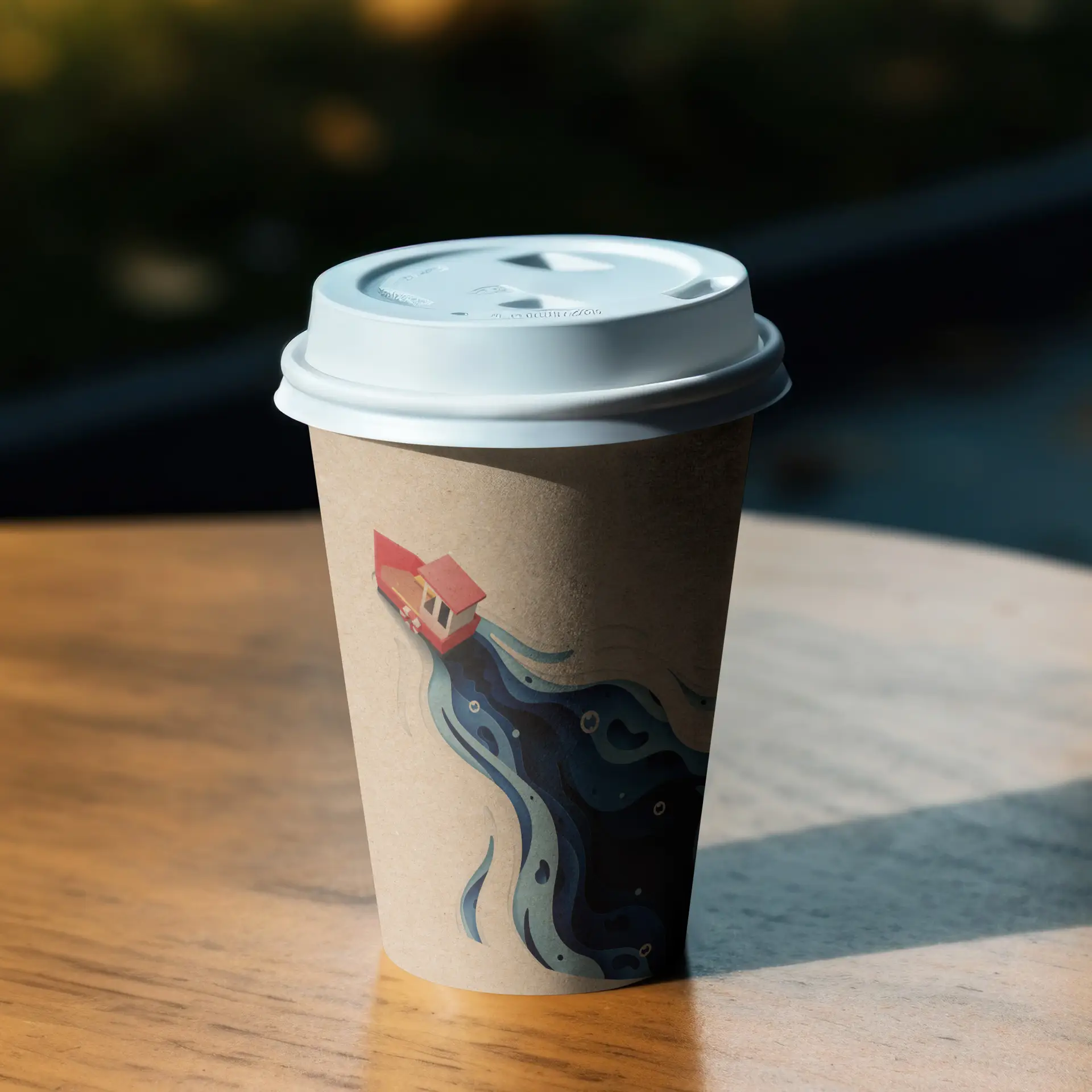 Un bicchiere di carta da 300 ml con un design stampato di una casa sull'acqua, posato su una superficie di legno.