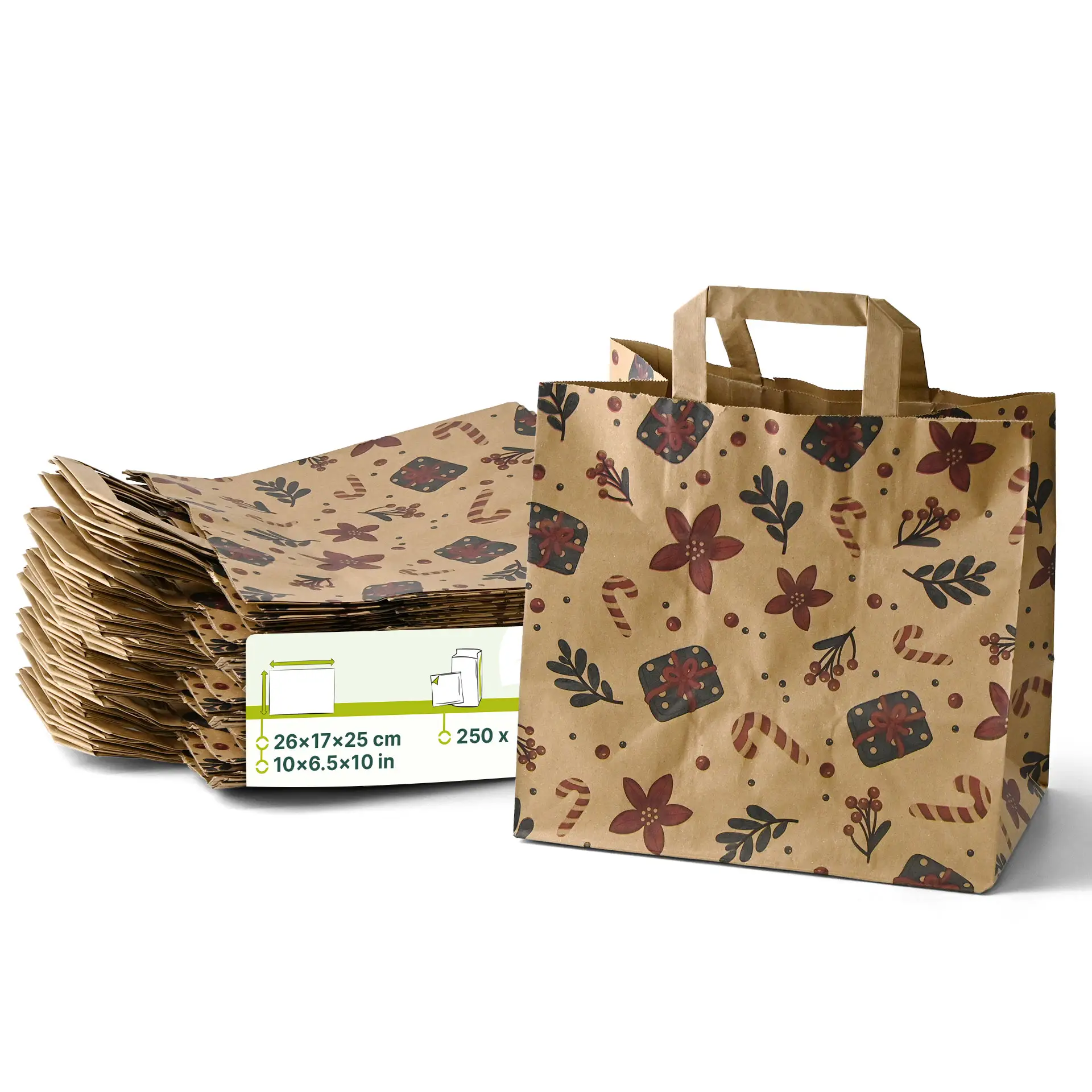 Borsa di carta marrone con design invernale, dimensioni 26x17x25 cm, mostrata con più borse impilate dietro.