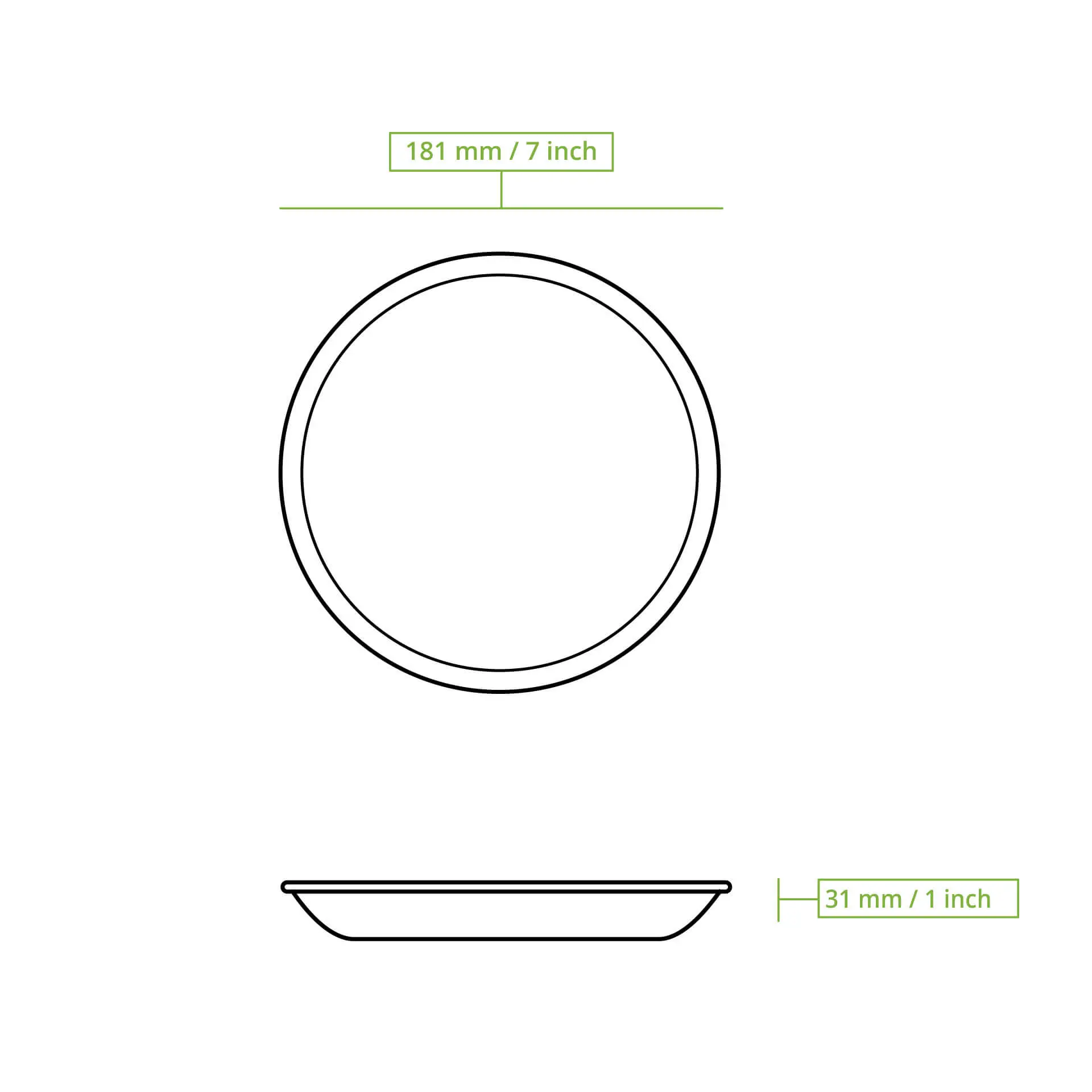 Piatto profondo in foglia di palma, diametro 18 cm con bordo stretto; leggero, impilabile e resistente al grasso.