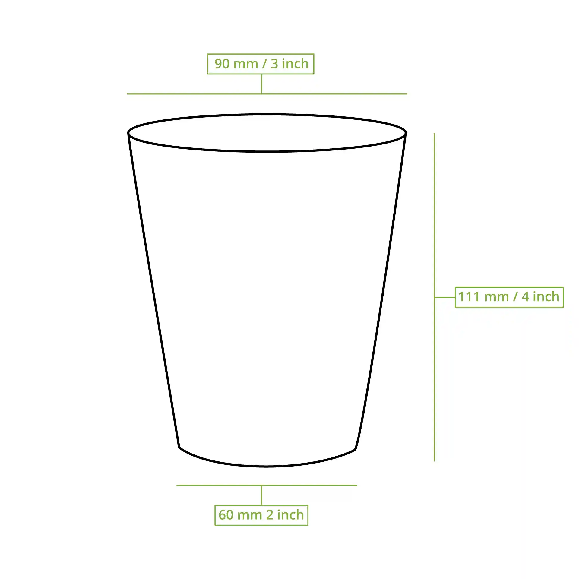 Disegno schematico di un bicchiere di carta rotondo con dimensioni: diametro superiore 90 mm, diametro inferiore 60 mm e altezza 111 mm.