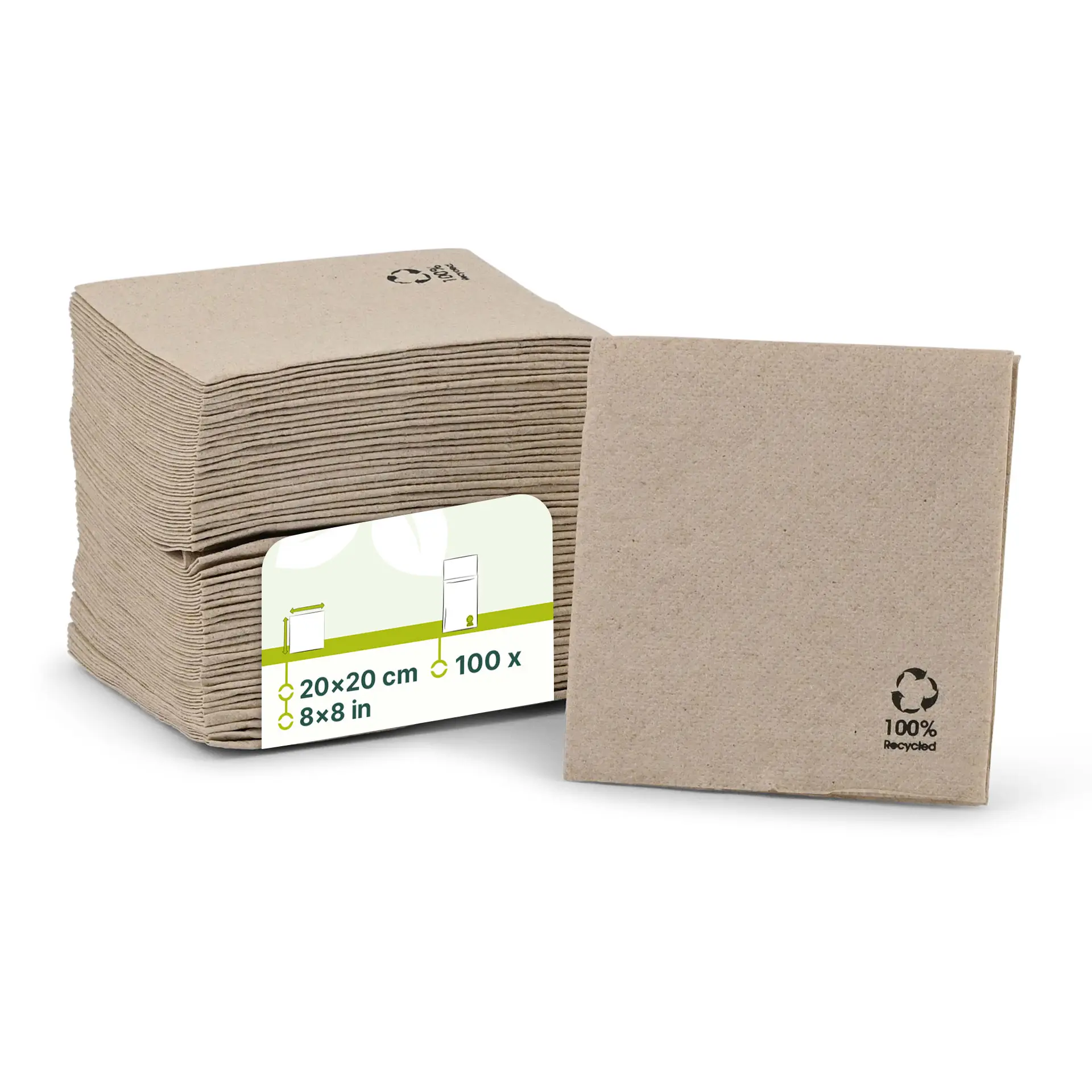 Tovaglioli da cocktail in carta riciclata; dimensioni 20 x 20 cm; due strati; biodegradabili con stampa di riciclo discreta.