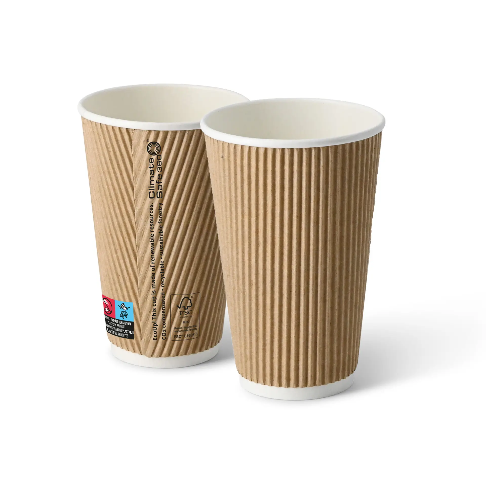 Riffelbecher (beschichtet) / Coffee to go Becher 400 ml / 16 oz, Ø 90 mm, braun, innen weiß