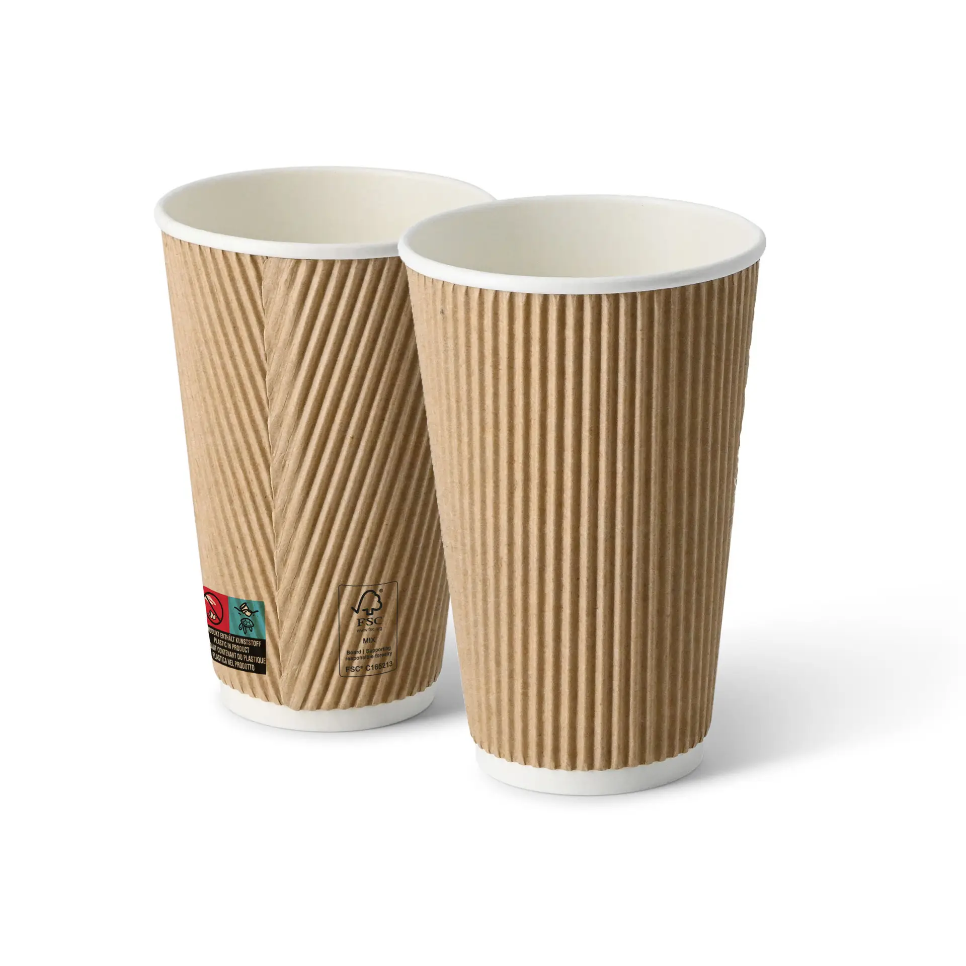 Due tazze di caffè marroni con interno bianco, mostrano un'esterno testurizzato e una forma rotonda.