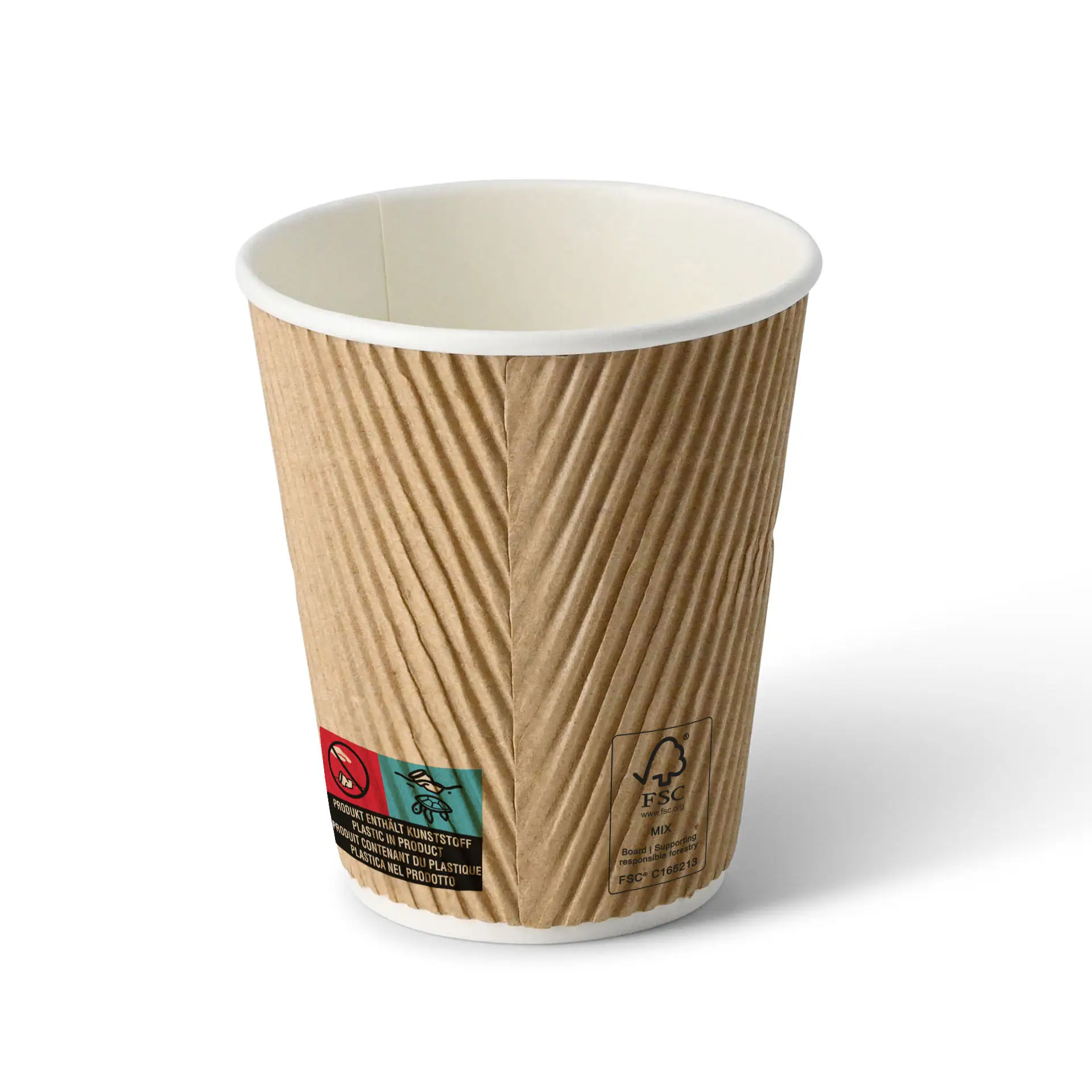 Tazza da caffè da asporto marrone ondulata, dimensione 10 oz, con interno bianco; presenta uno strato esterno isolante per bevande calde.