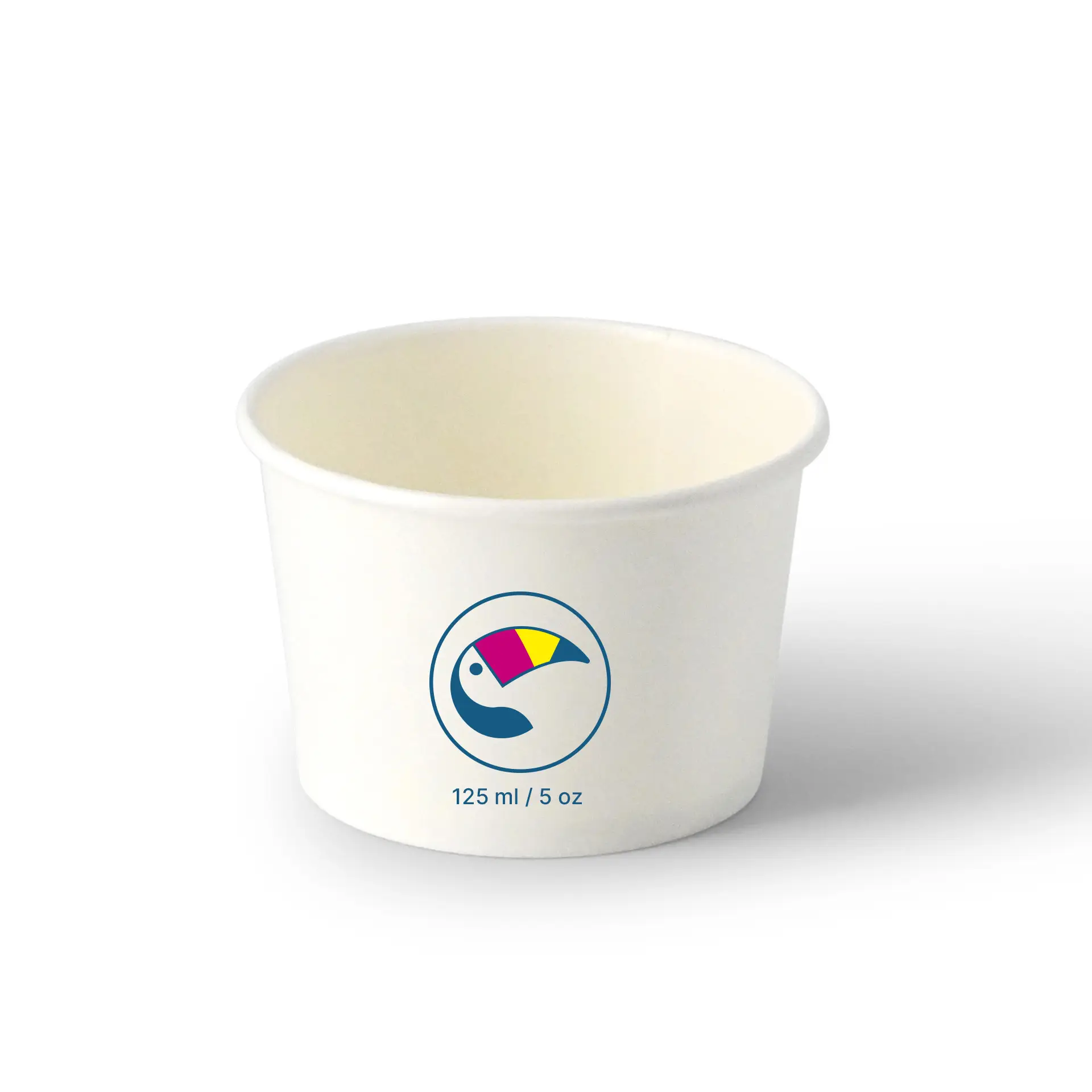 Coppa per gelato stampata, bianca, 125 ml / 5 oz, con logo a colori di tucano. Adatta per gelaterie.
