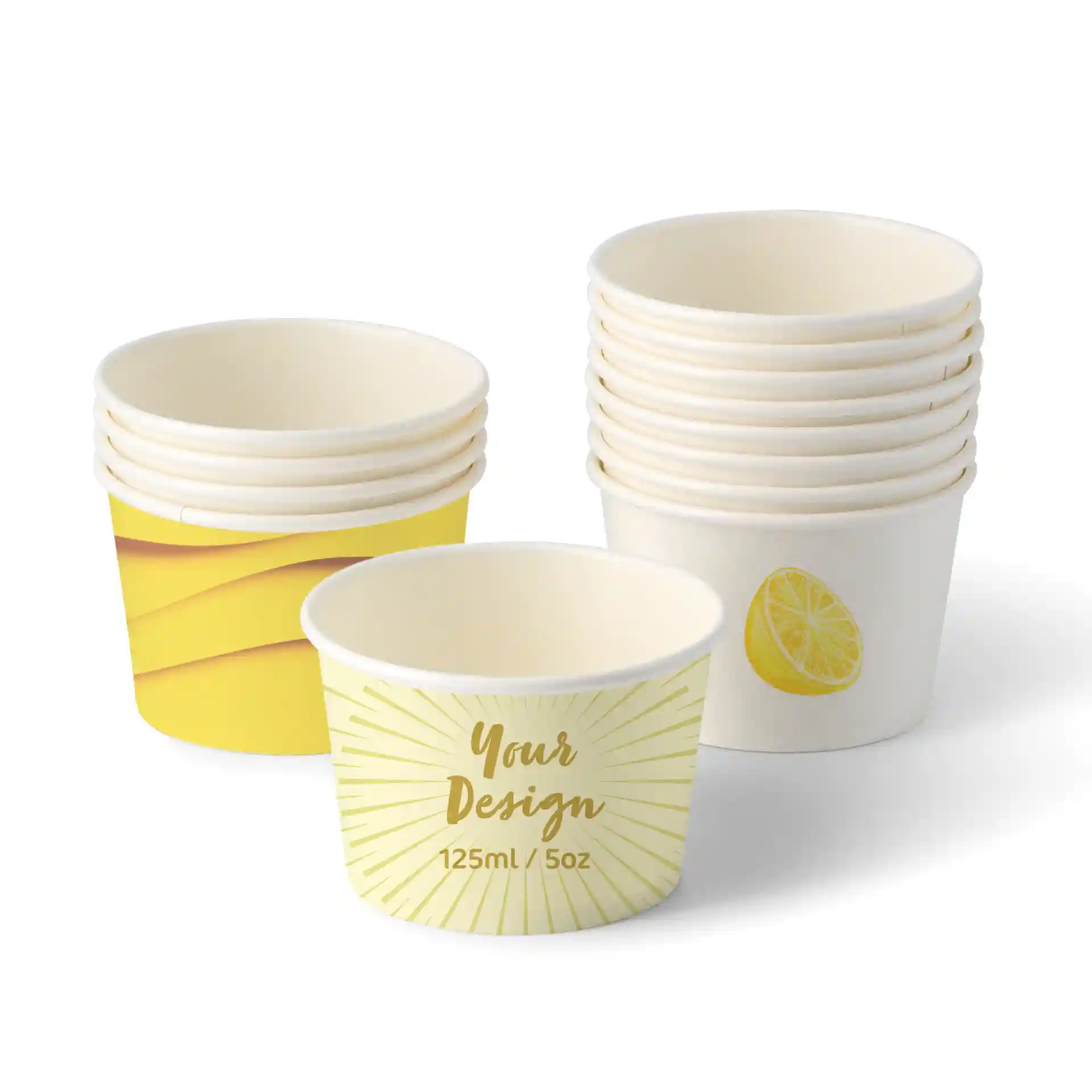 Pila di bicchieri rotondi in cartone bianco, un bicchiere con design di limone e un altro con motivo a raggi di sole.