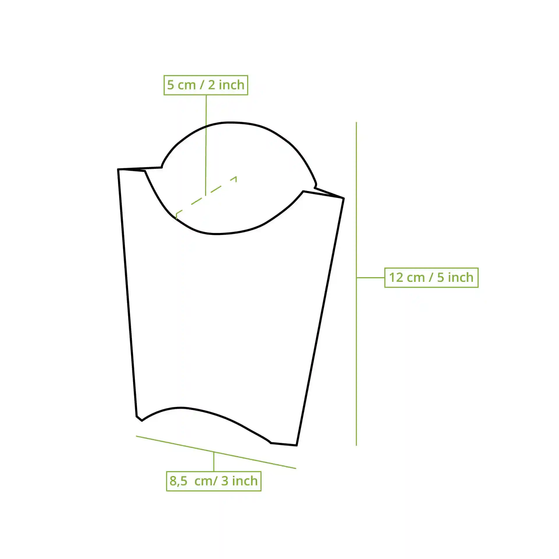 Disegno schematico di un cucchiaio di cartone con dimensioni etichettate: 12 cm di altezza, 8,5 cm di lunghezza e 5 cm di larghezza.