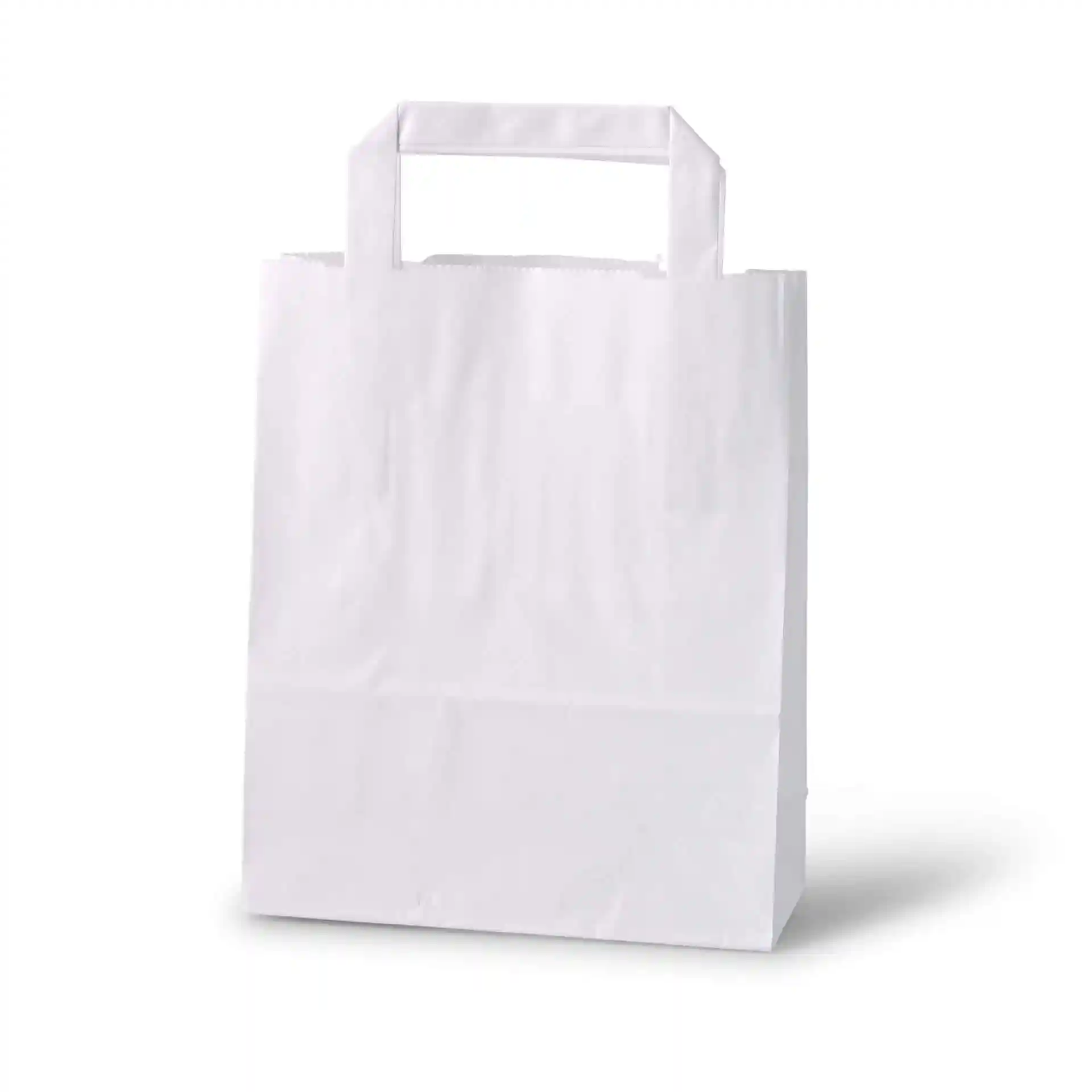 Busta in carta kraft bianca di forma rettangolare con manici corti, misura 18 x 8 x 22 cm.