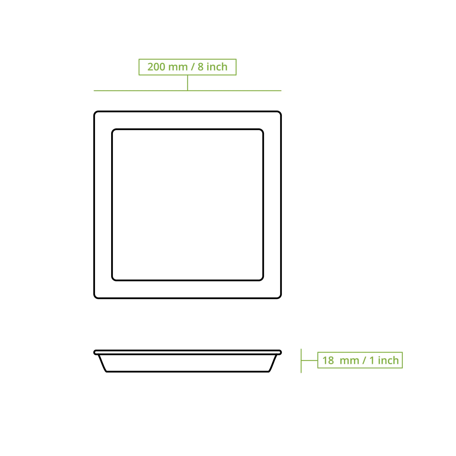 Piatto quadrato in foglia di palma di 20 x 20 cm con piccolo bordo per salsa; mostra dimensioni di 200 mm e 18 mm in un design piatto.