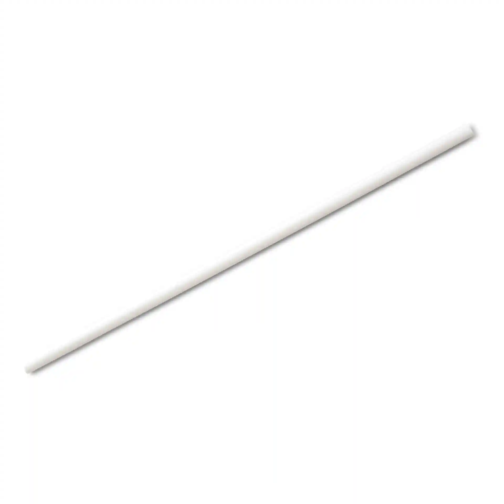Cannuccia di carta bianca, lunga 20 cm e con un diametro di 0,5 cm, mostrata su uno sfondo semplice.