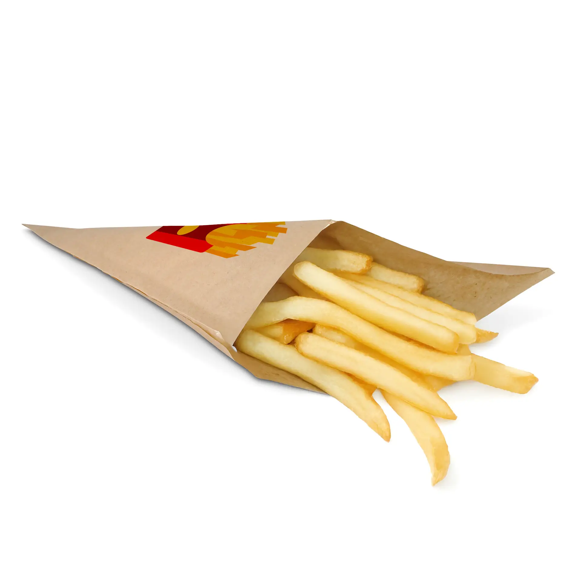 Cono di carta stampato riempito di patatine fritte, con un design del logo, posato su uno sfondo bianco.