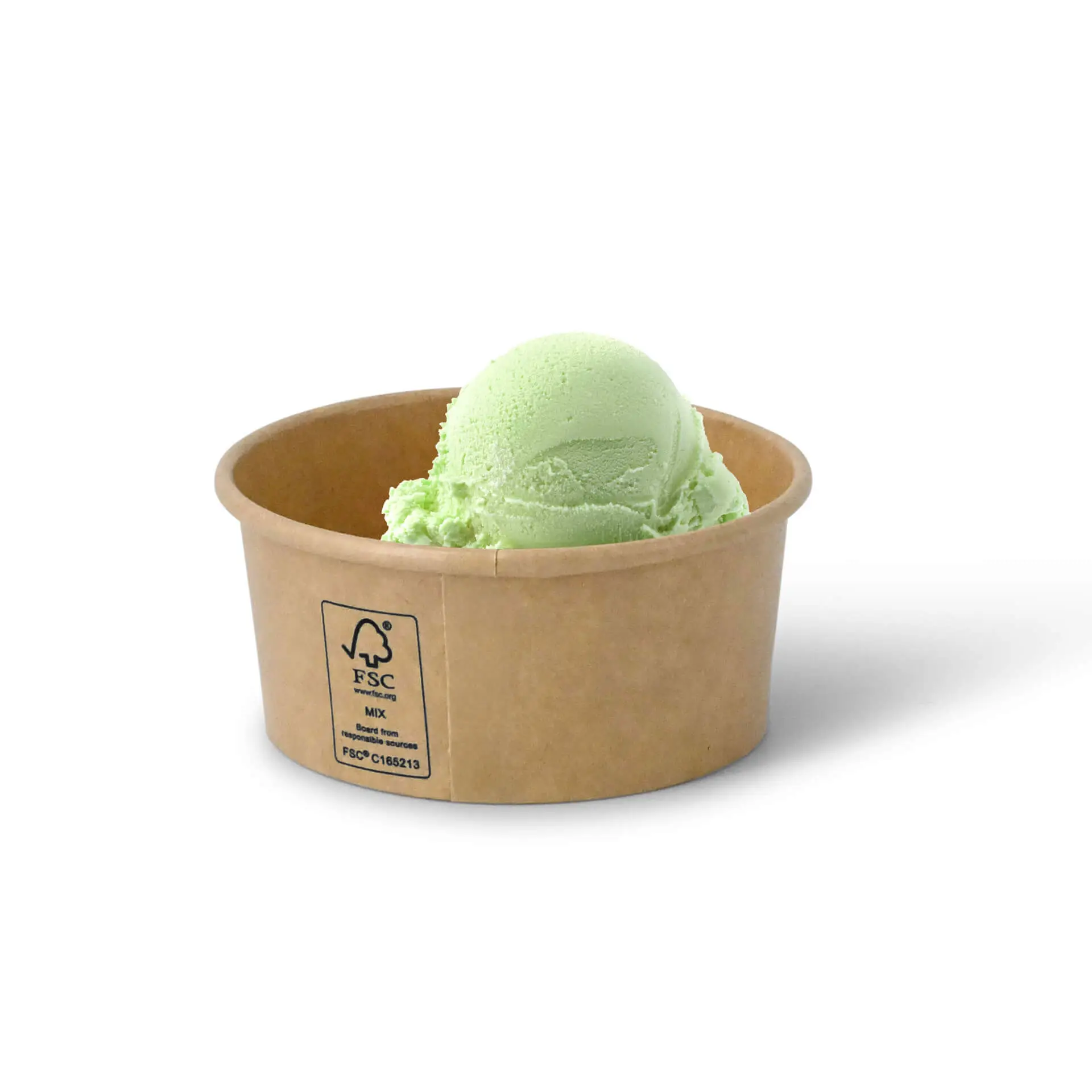 Bicchiere di carta marrone rotondo con una pallina di gelato verde all'interno, con un'etichetta sul lato.