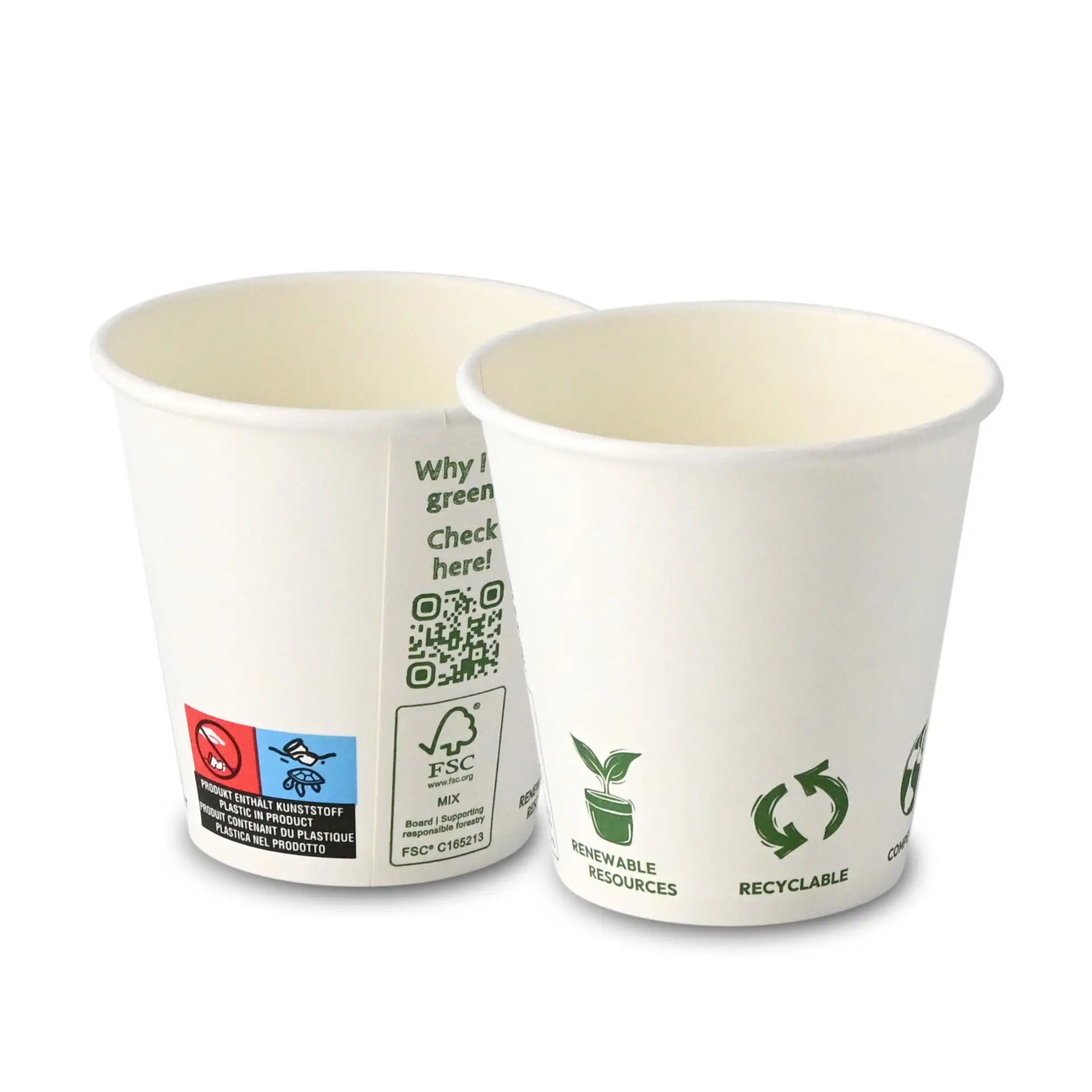 Bicchieri di carta 150 ml / 6 oz, Ø 80 mm, con icone "EcoUp©", monostrato, bianchi, compostabili in PLA