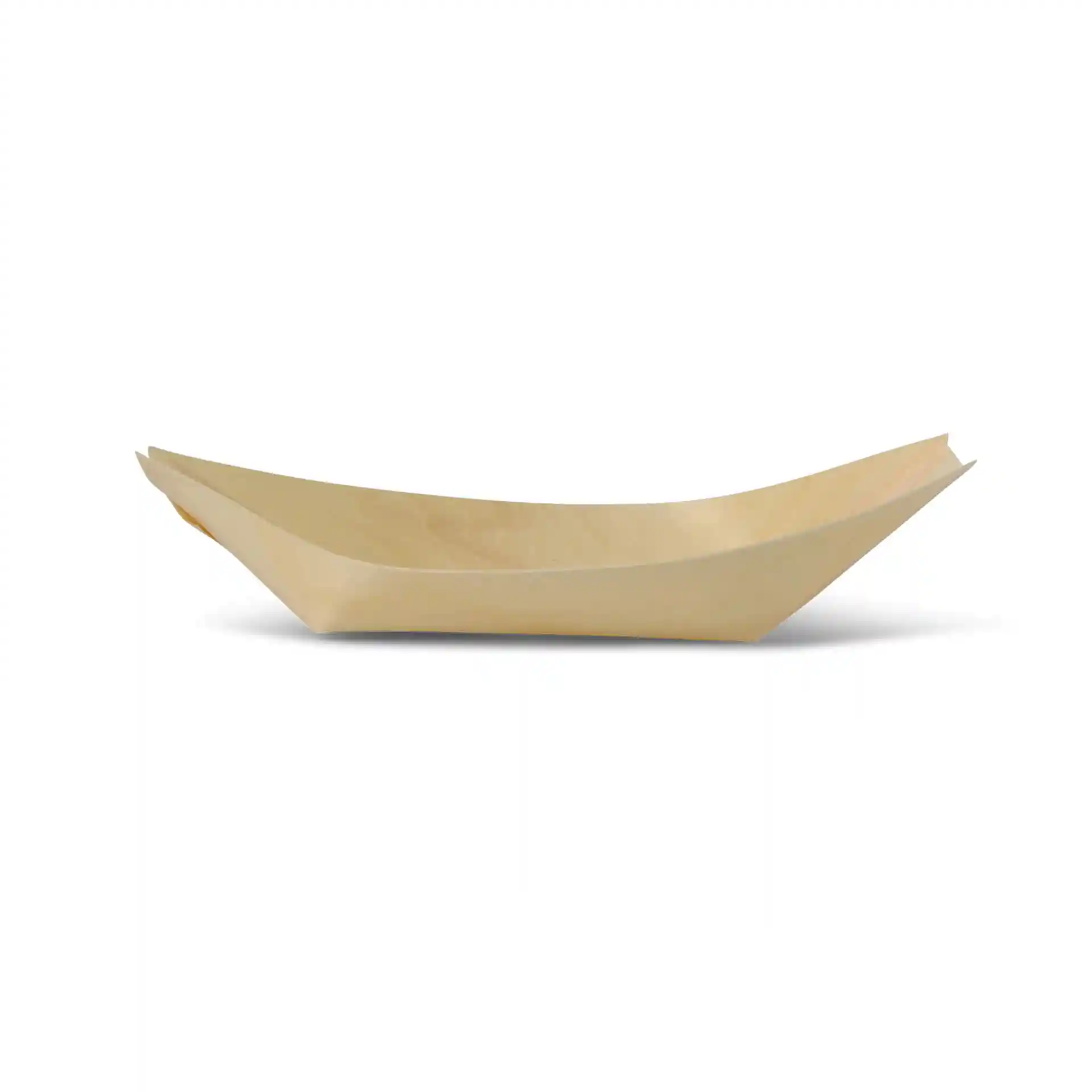 Piatto da portata in legno a forma di barca marrone, lungo 17 cm, largo 9,5 cm e alto 3,6 cm.