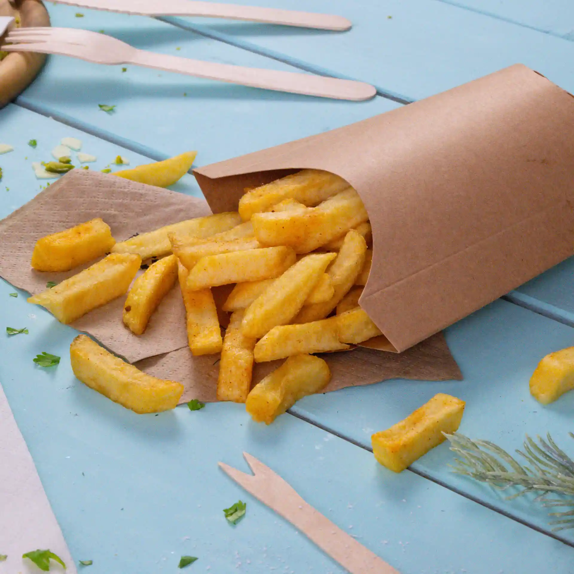 Contenitore di cartone marrone con patatine fritte che fuoriescono, posato su una superficie blu con prezzemolo sparso.