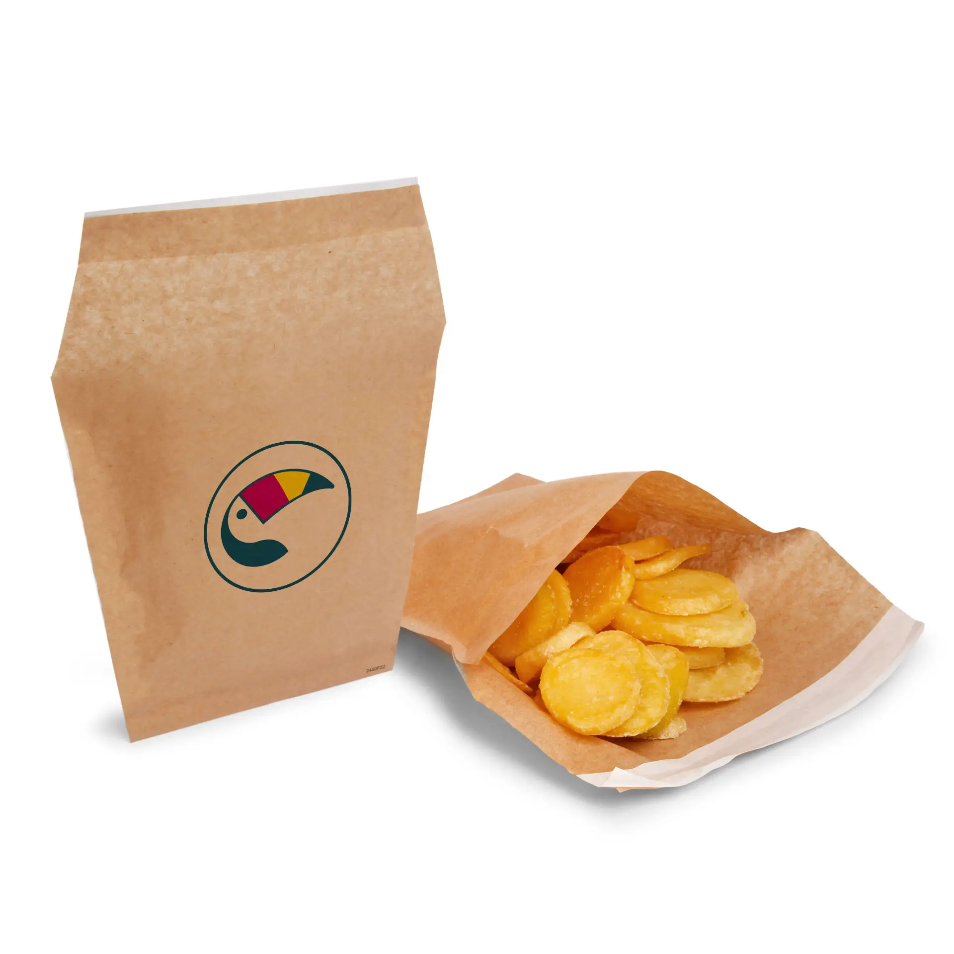 Sacchetto per patatine fritte personalizzato stampato in marrone con chiusura adesiva integrata, riempito di patatine tonde dorate.