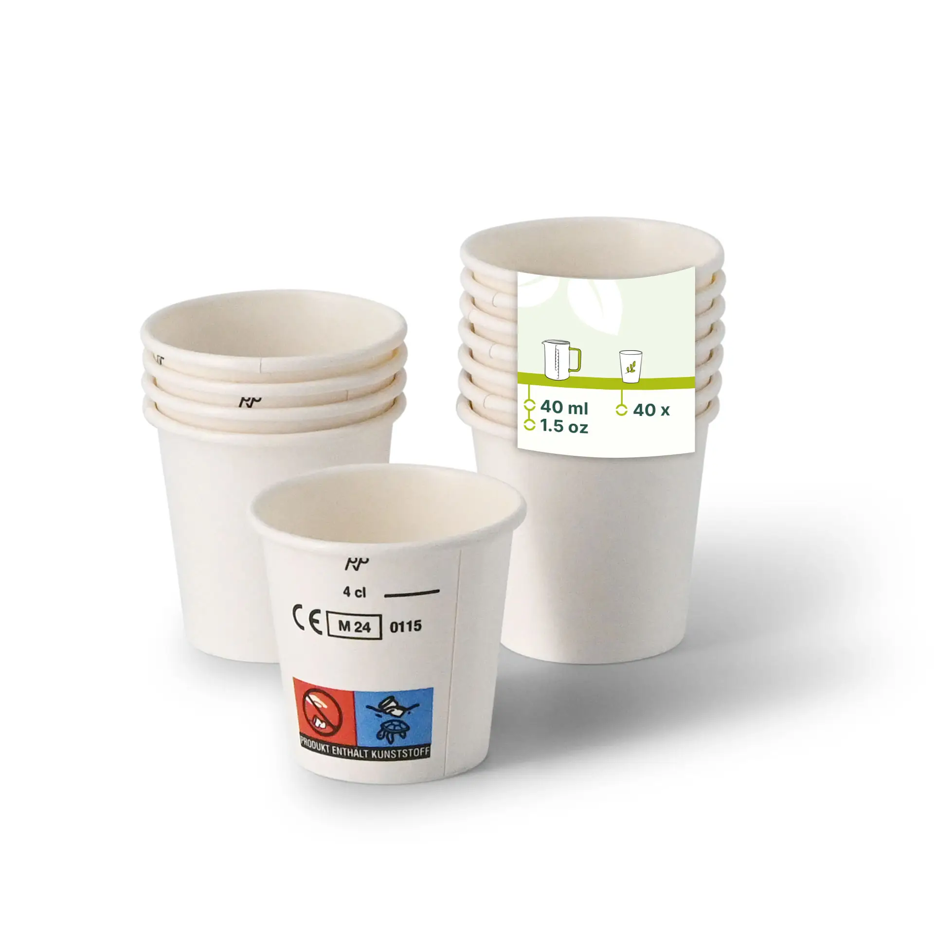 Un bicchiere di carta bianco in primo piano; diversi bicchieri simili dietro con opacità ridotta; bicchieri da 40 ml / 1,5 oz, rivestiti in PE.