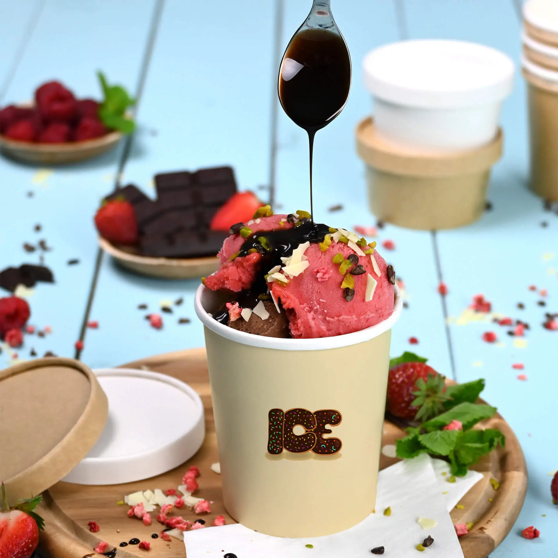 Coppa di gelato con due scoop di gelato, guarnita con sciroppo di cioccolato e noci tritate, su un vassoio di legno.