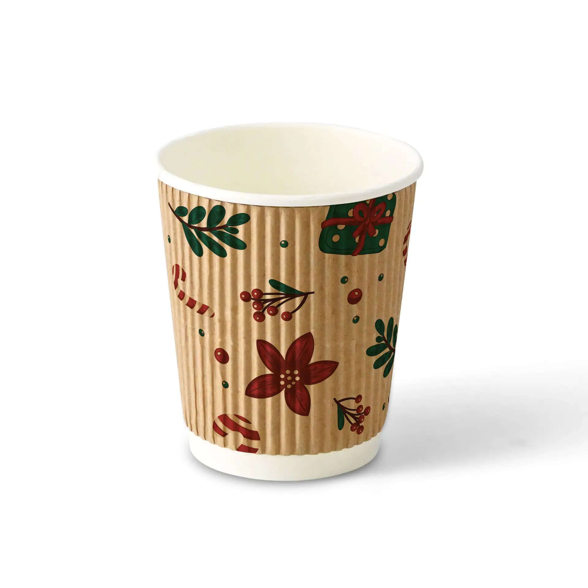 Bicchiere ondulato marrone con design invernale, capacità di 200 ml, con motivi floreali e festivi.