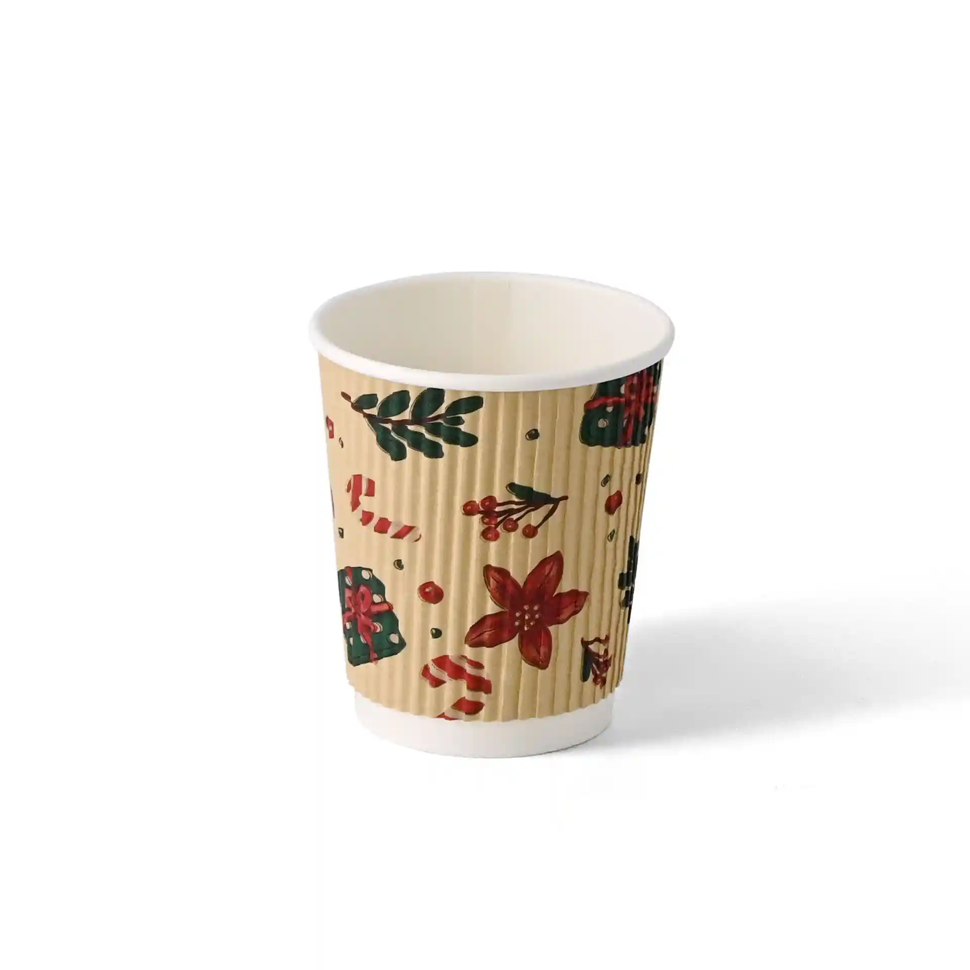 Bicchiere marrone ondulato con design invernale, capacità di 200 ml, con vari motivi festivi all'esterno.