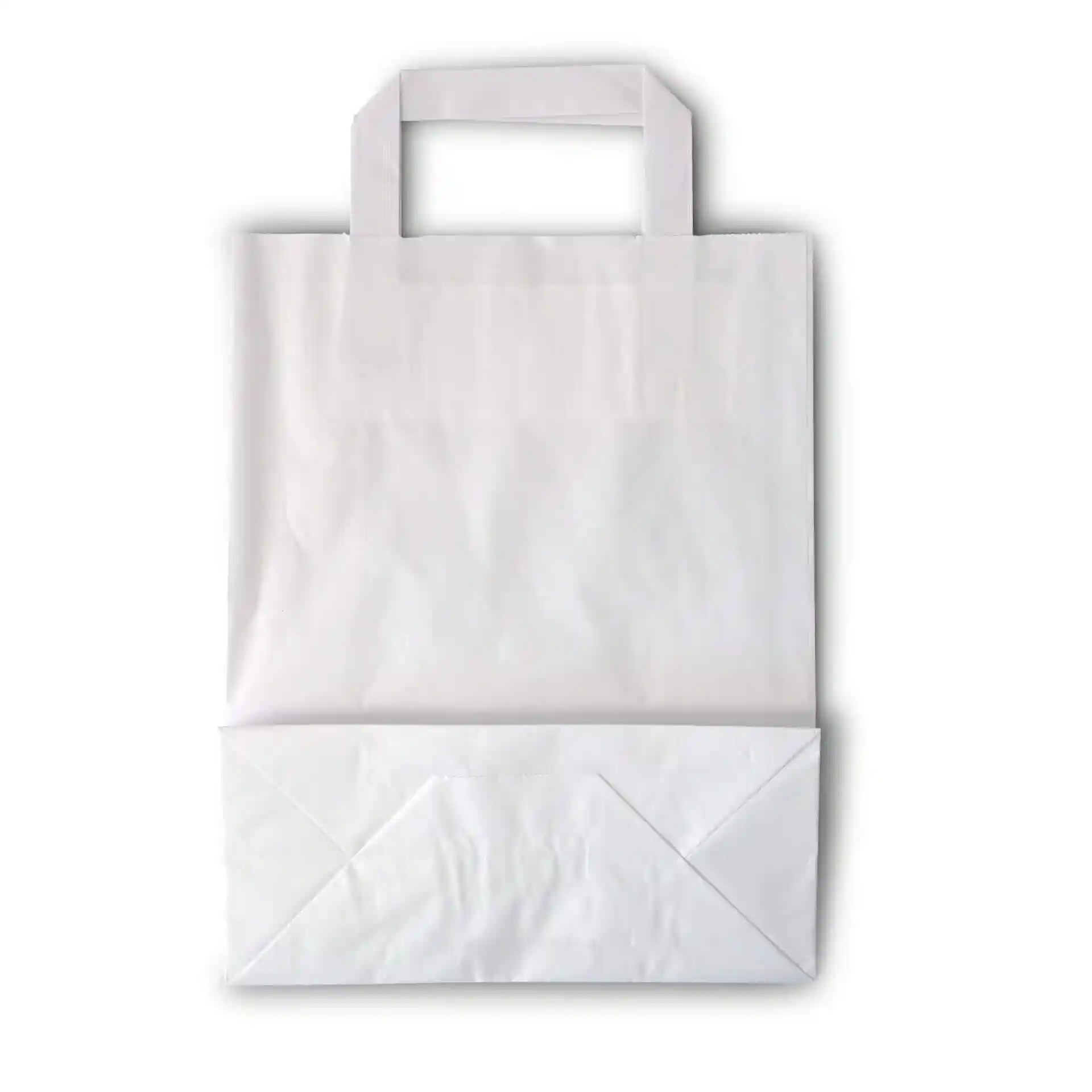 Borsa in carta kraft bianca con base rettangolare e manici corti, misura 22 x 10 x 28 cm.