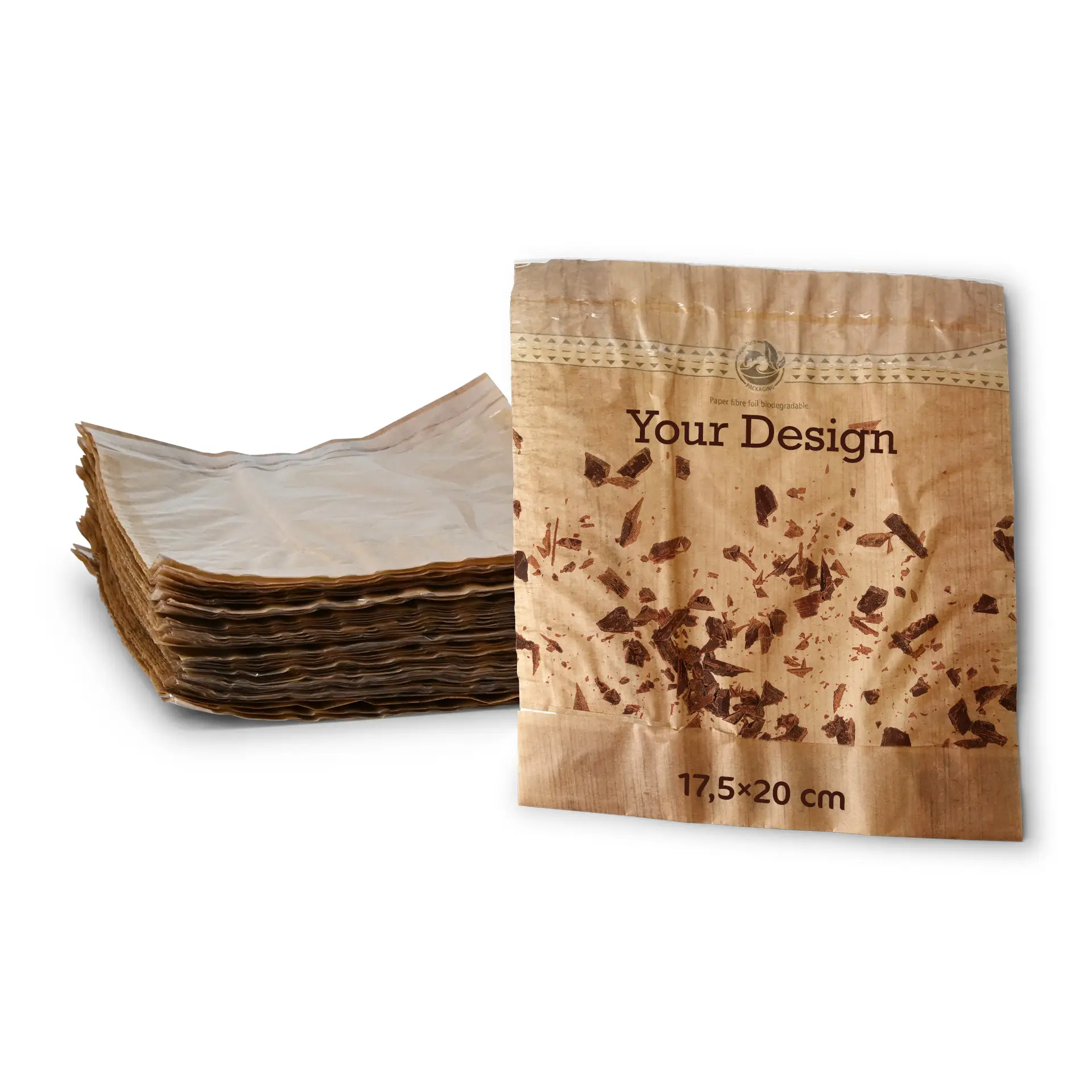 Snack bag personalizzate, 17,5 x 20 cm, marrone, con finestra trasparente & chiusura adesiva