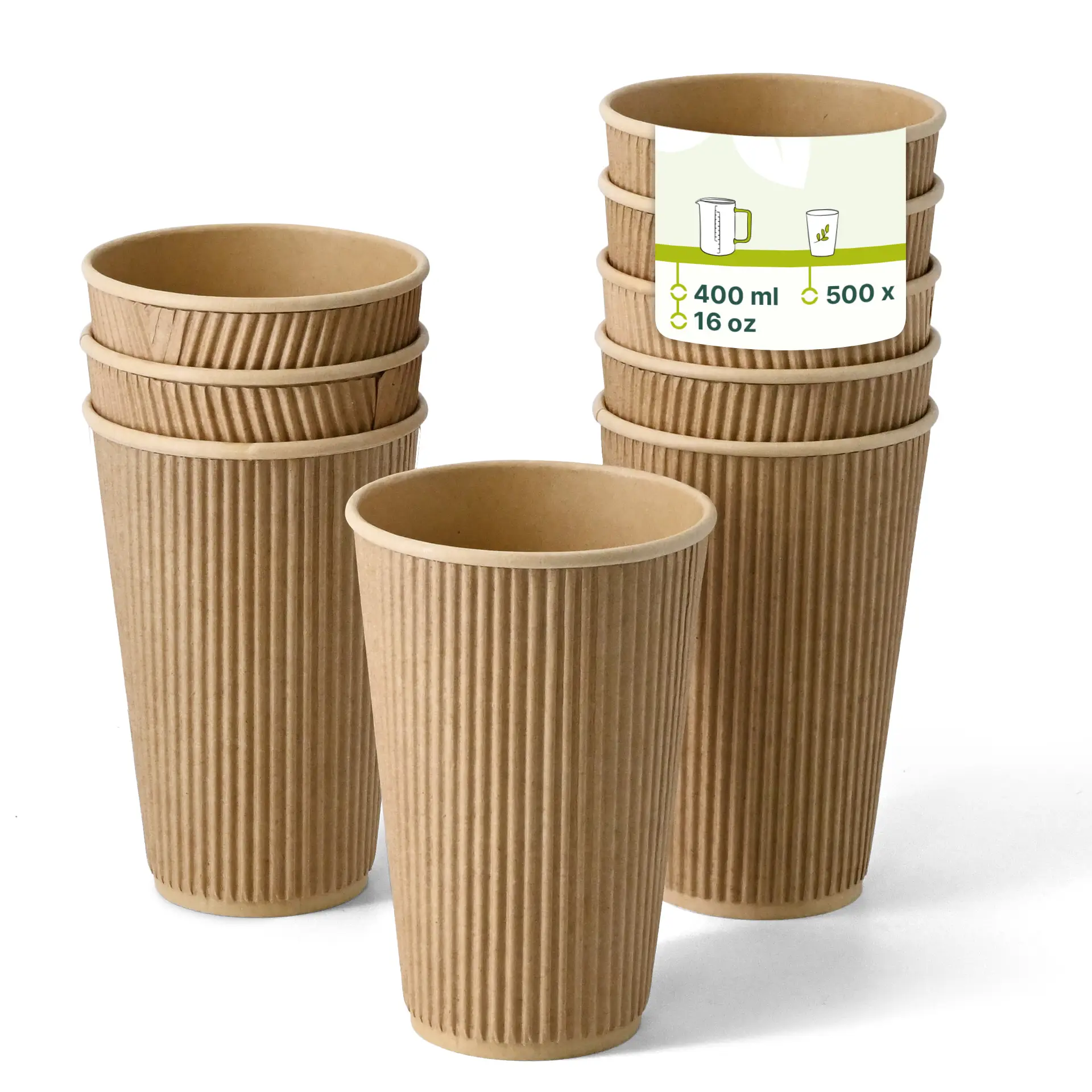 Bicchieri usa e getta marroni isolati con design rigato, dotati di un'etichetta con dettagli sul prodotto.
