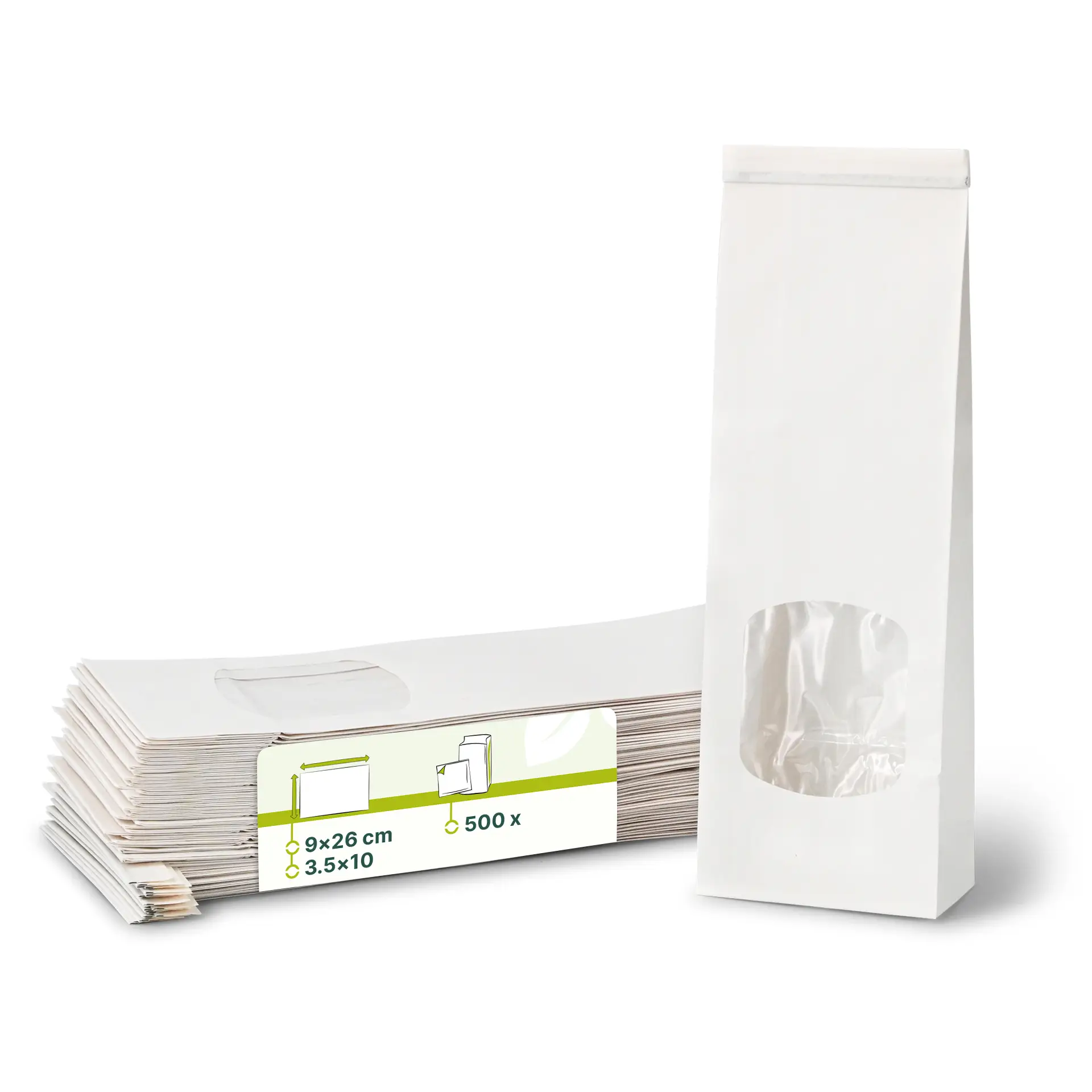 Blockbeutel m. Fenster S, 9 x 4,5 x 26 cm, PP-Folie, weiß, Clipband, Kraftpapier