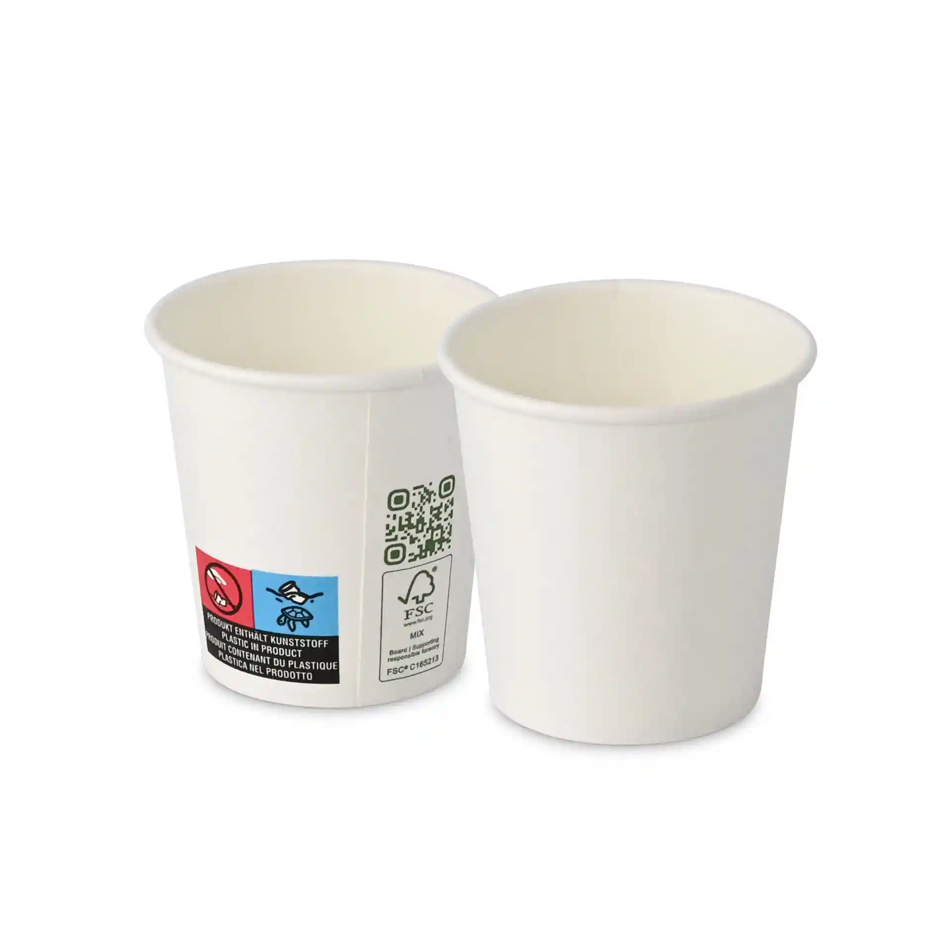 Bicchiere bianco, capacità di 100 ml, parete singola, con un diametro di 62 mm, con etichette e simboli sul lato.