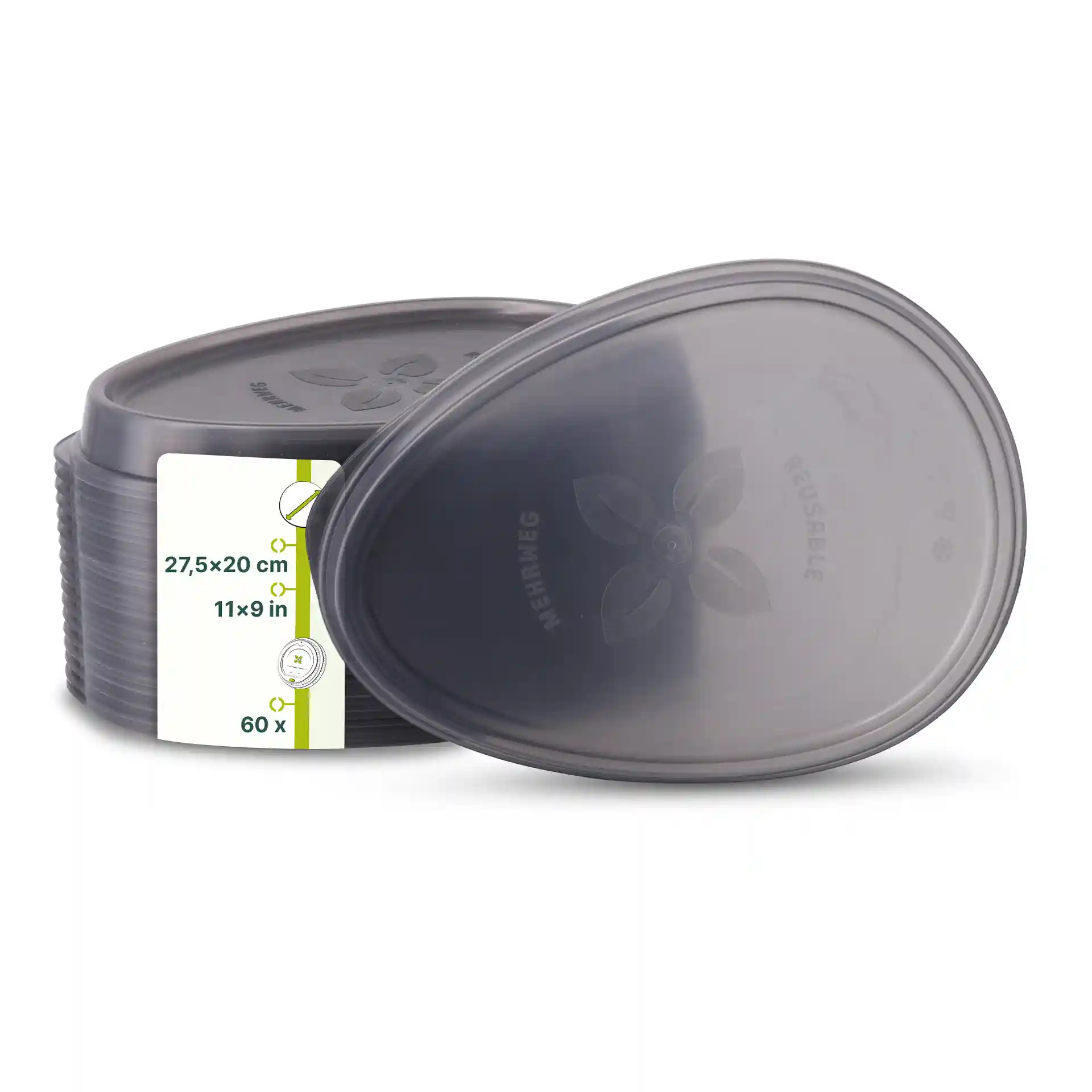 Coperchio ovale riutilizzabile grigio in PP, dimensioni 27,5 x 20 cm, con etichetta che mostra i dettagli del prodotto.