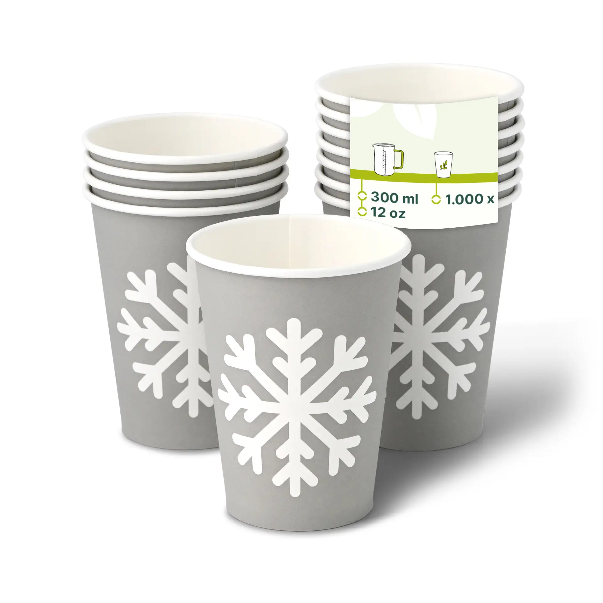 Pappbecher Winter "Schneeflocke" 300 ml / 12 oz, Ø 90 mm, grau