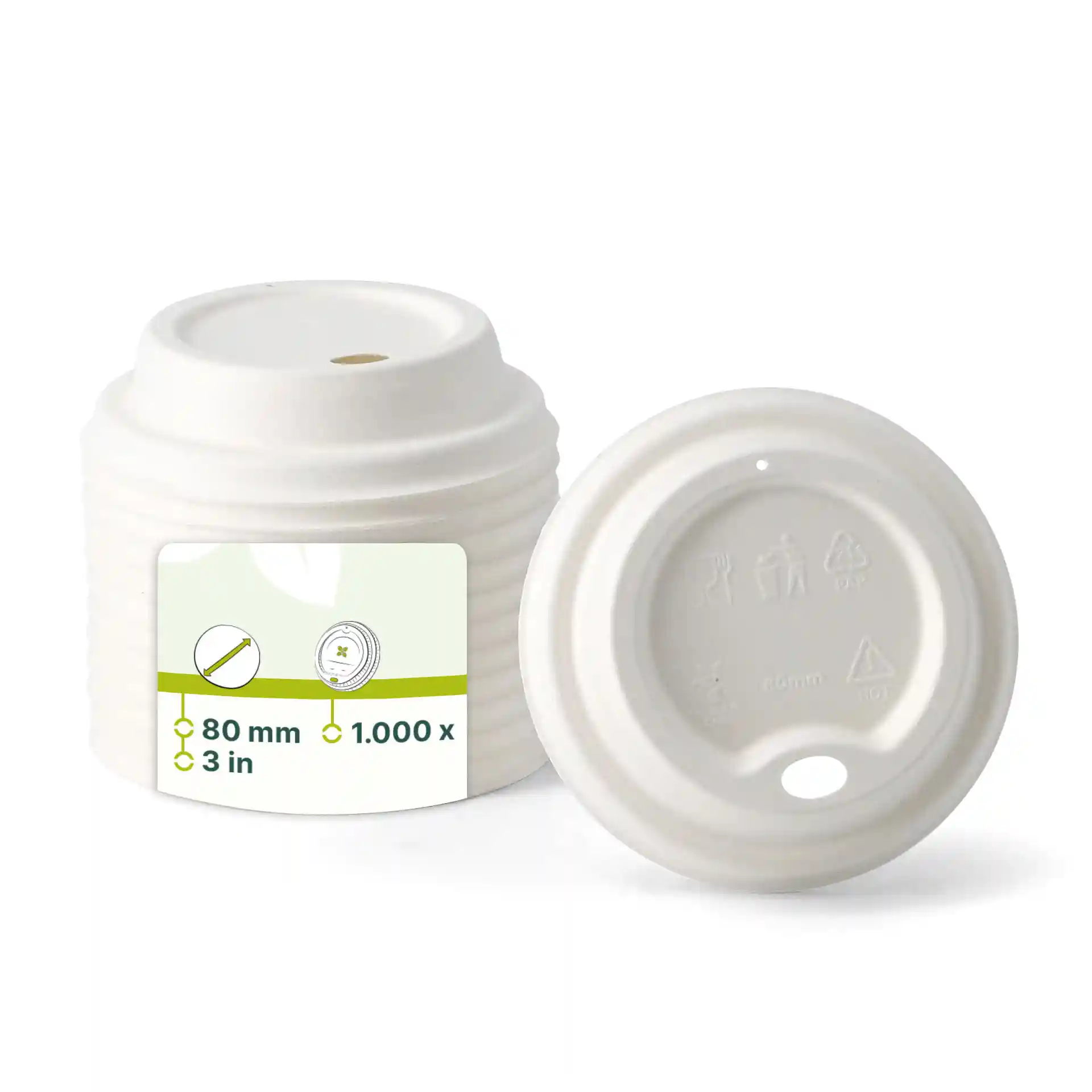 Coperchio in canna da zucchero bianco per bicchieri di carta con un diametro di 80 mm e un'altezza di 22 mm, mostrato di lato e dall'alto.