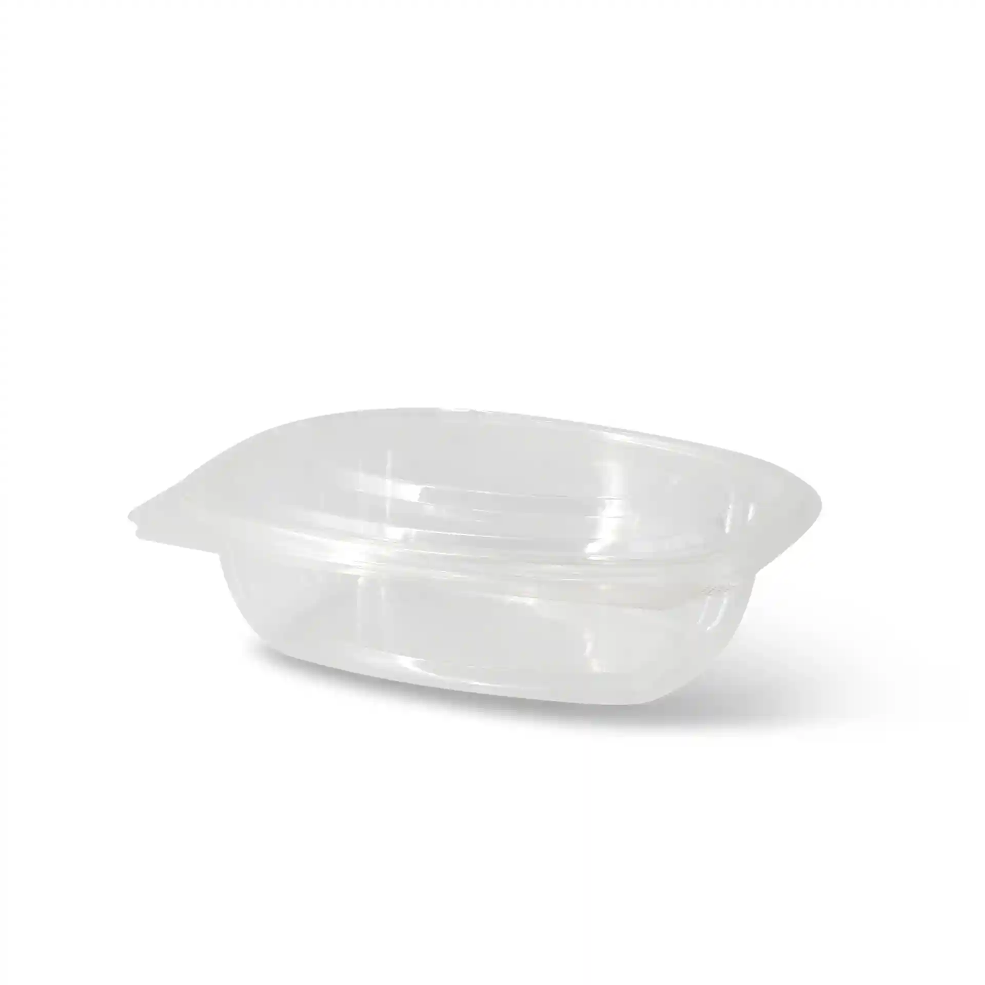 Ciotola rettangolare in PLA trasparente con coperchio pieghevole, dimensioni 159 mm di lunghezza, 130 mm di larghezza e 42 mm di altezza.