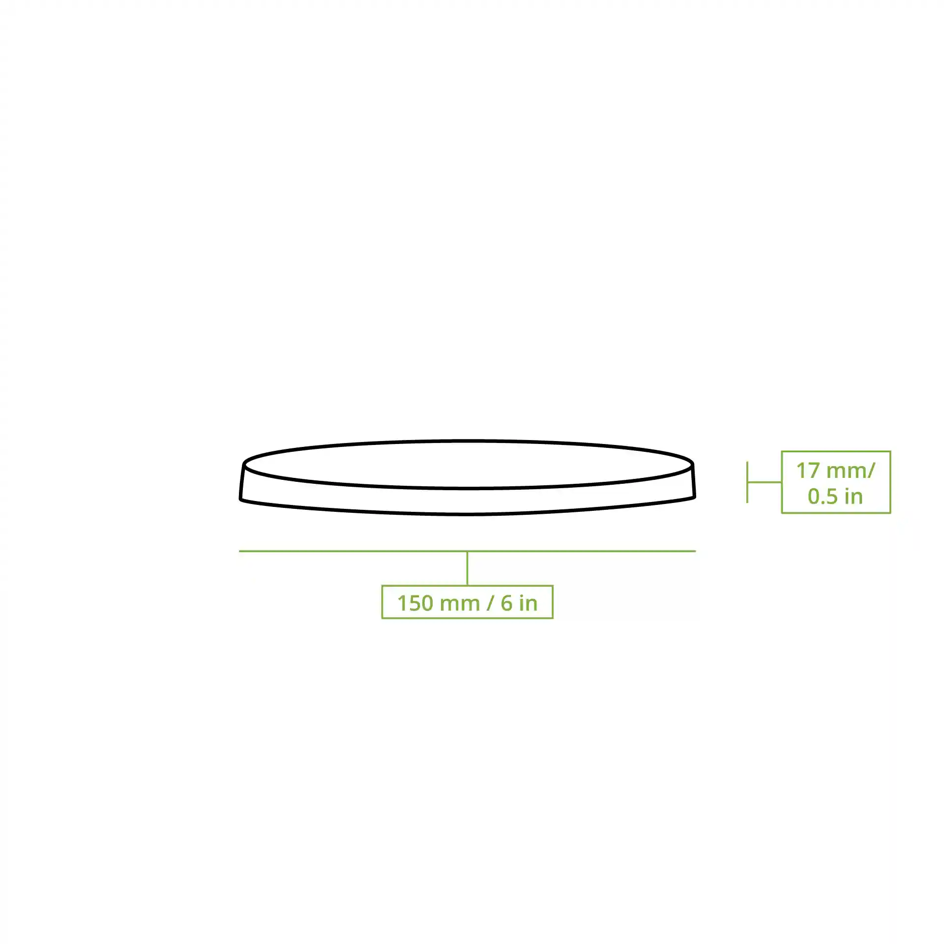 Disegno schematico di un coperchio rotondo in cartone con diametro di 150 mm e altezza di 17 mm.