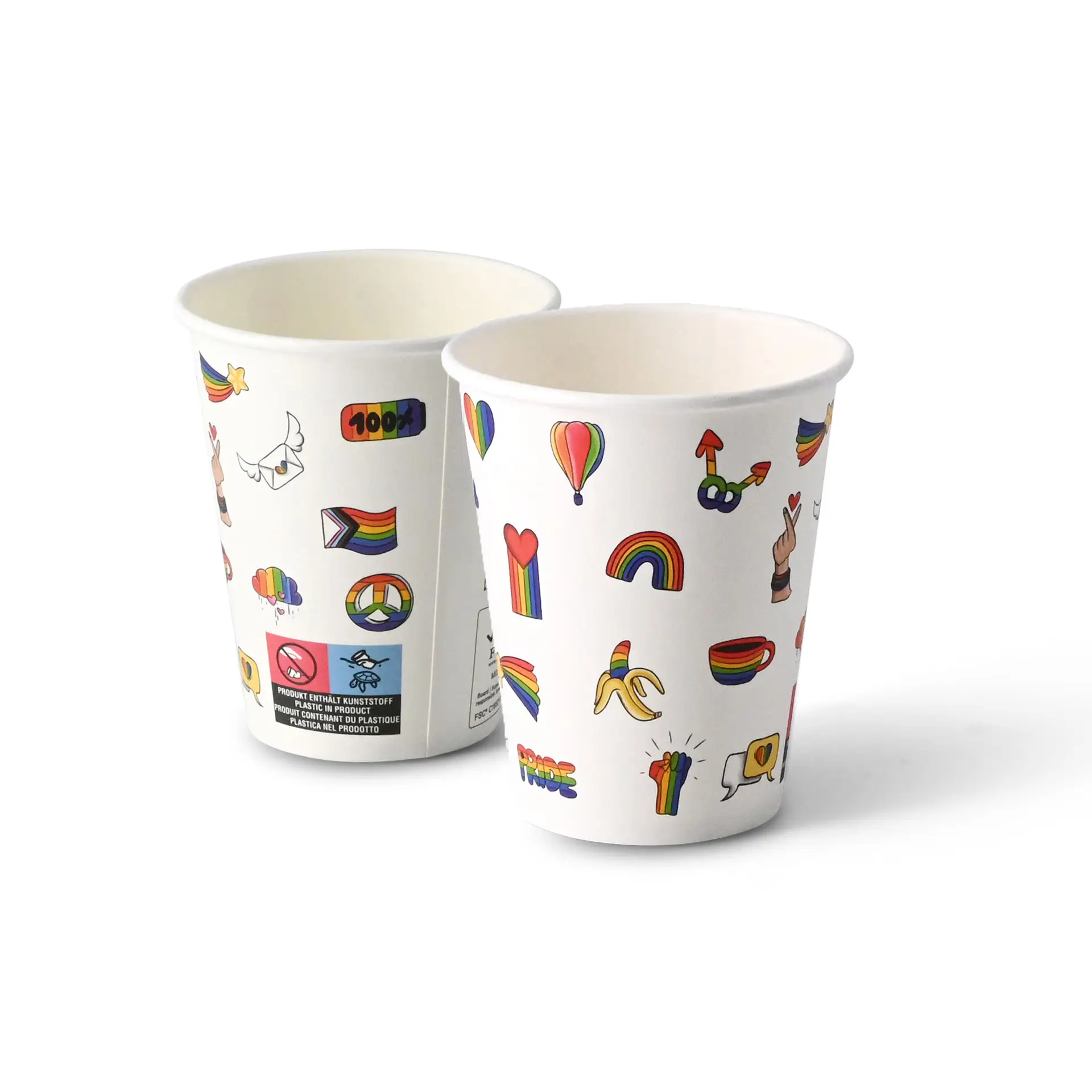 Due bicchieri di carta da 8 oz con varie illustrazioni colorate a tema orgoglio su uno sfondo bianco.