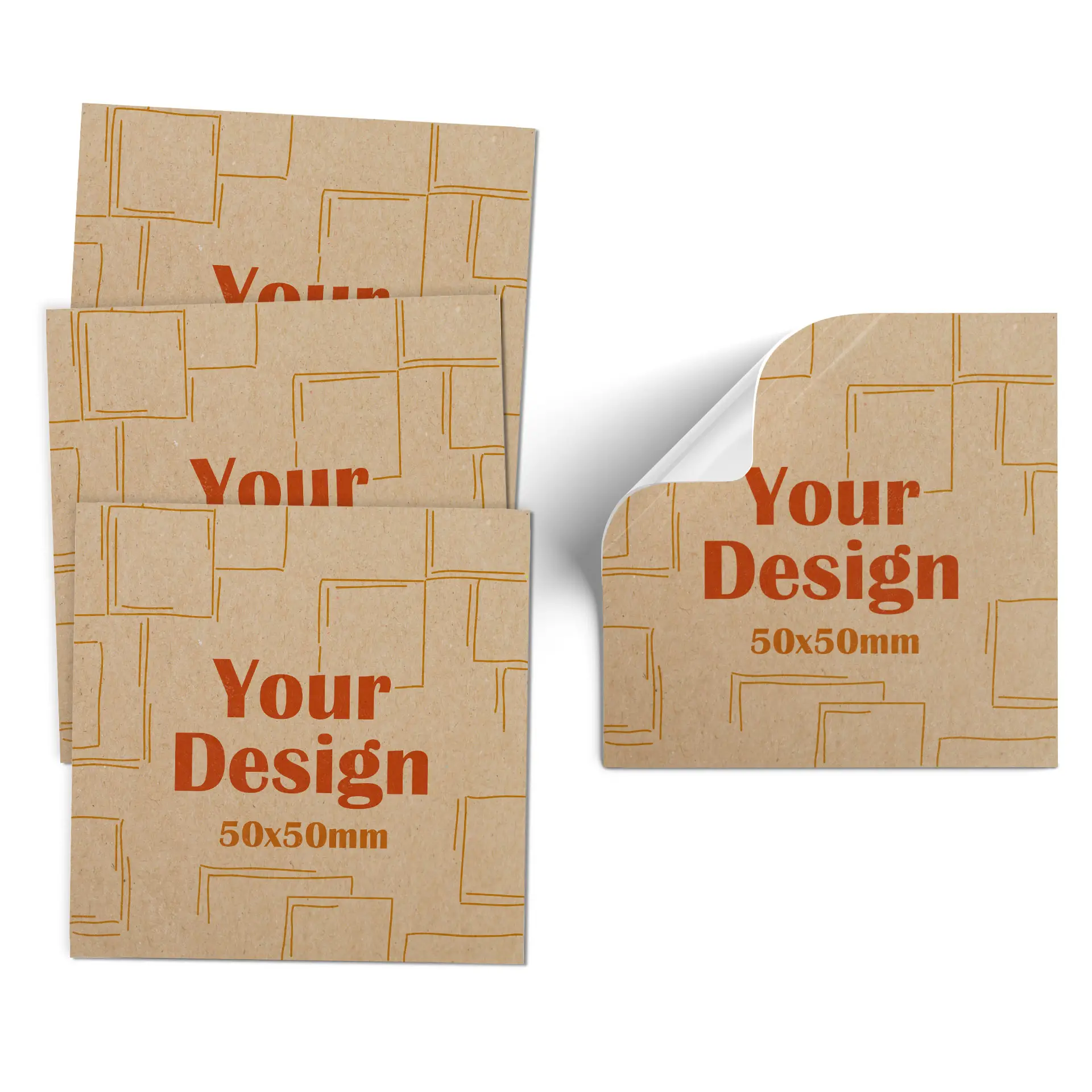 Nota di carta marrone con una grafica circolare rossa di un tucano e l'etichetta di misura "5x5 cm."