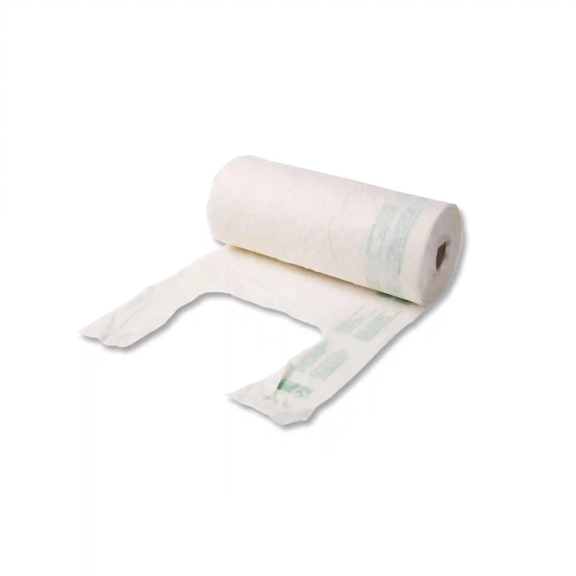 Rullo di sacchetti Mater-Bi®, 22 x 13 cm, con diversi sacchetti parzialmente srotolati, su uno sfondo semplice.