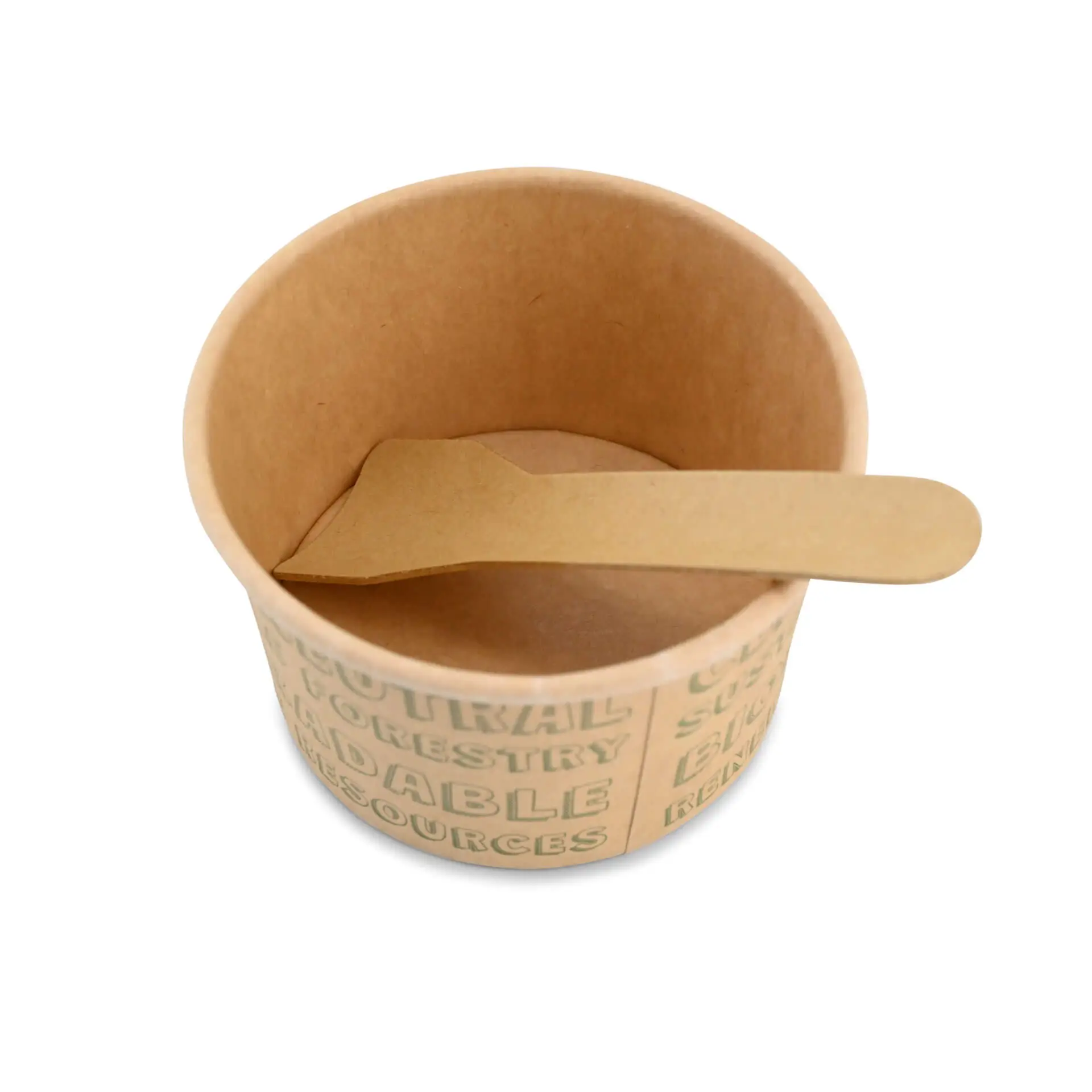 Coppetta per gelato in carta marrone con una spatola marrone all'interno; presenta marchi di sostenibilità all'esterno.