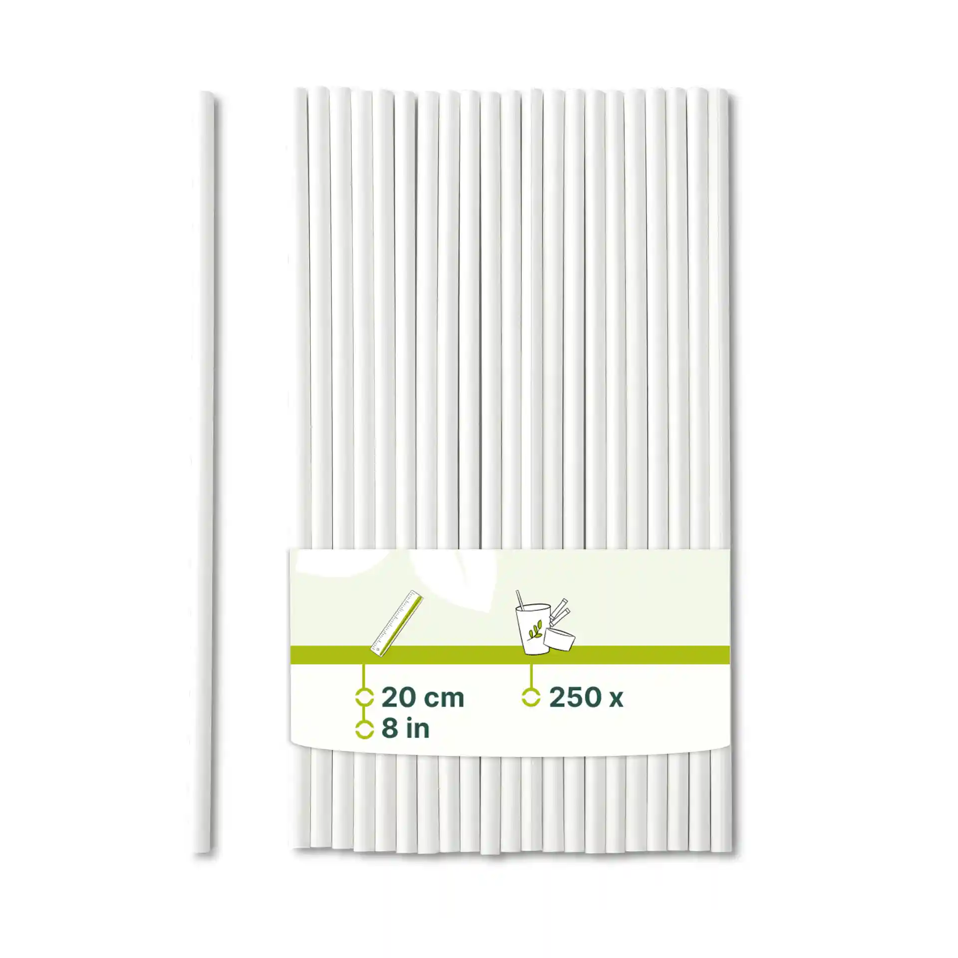 Cannucce di carta bianche, lunghe 20 cm e con un diametro di 0,5 cm, disposte verticalmente con un'etichetta che mostra i dettagli del prodotto.