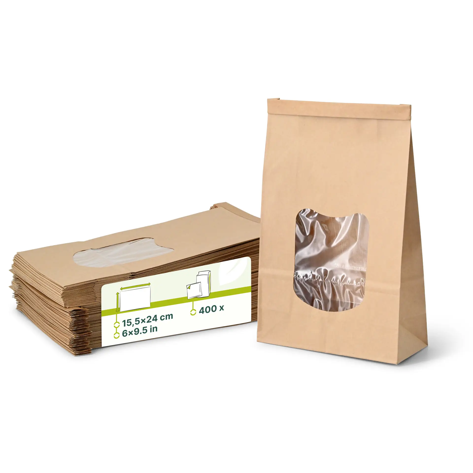 Blockbeutel m. Fenster L, 15,5 x 7 x 24 cm, PP-Folie, braun, Clipband, Kraftpapier