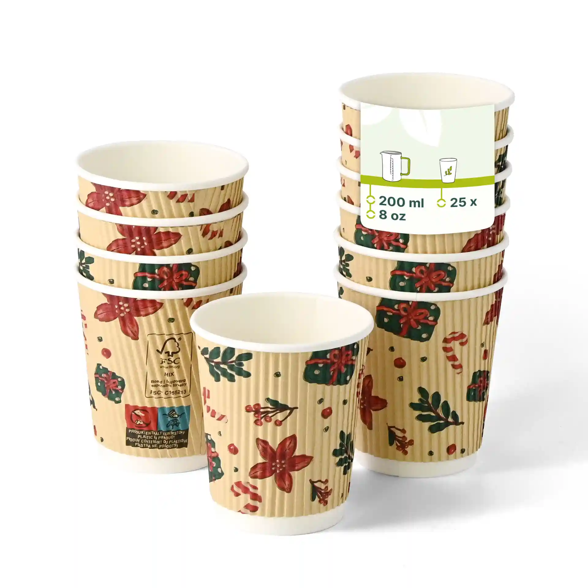 Pila di otto bicchieri da 8 oz con design invernale, motivi floreali e regali su sfondo marrone.