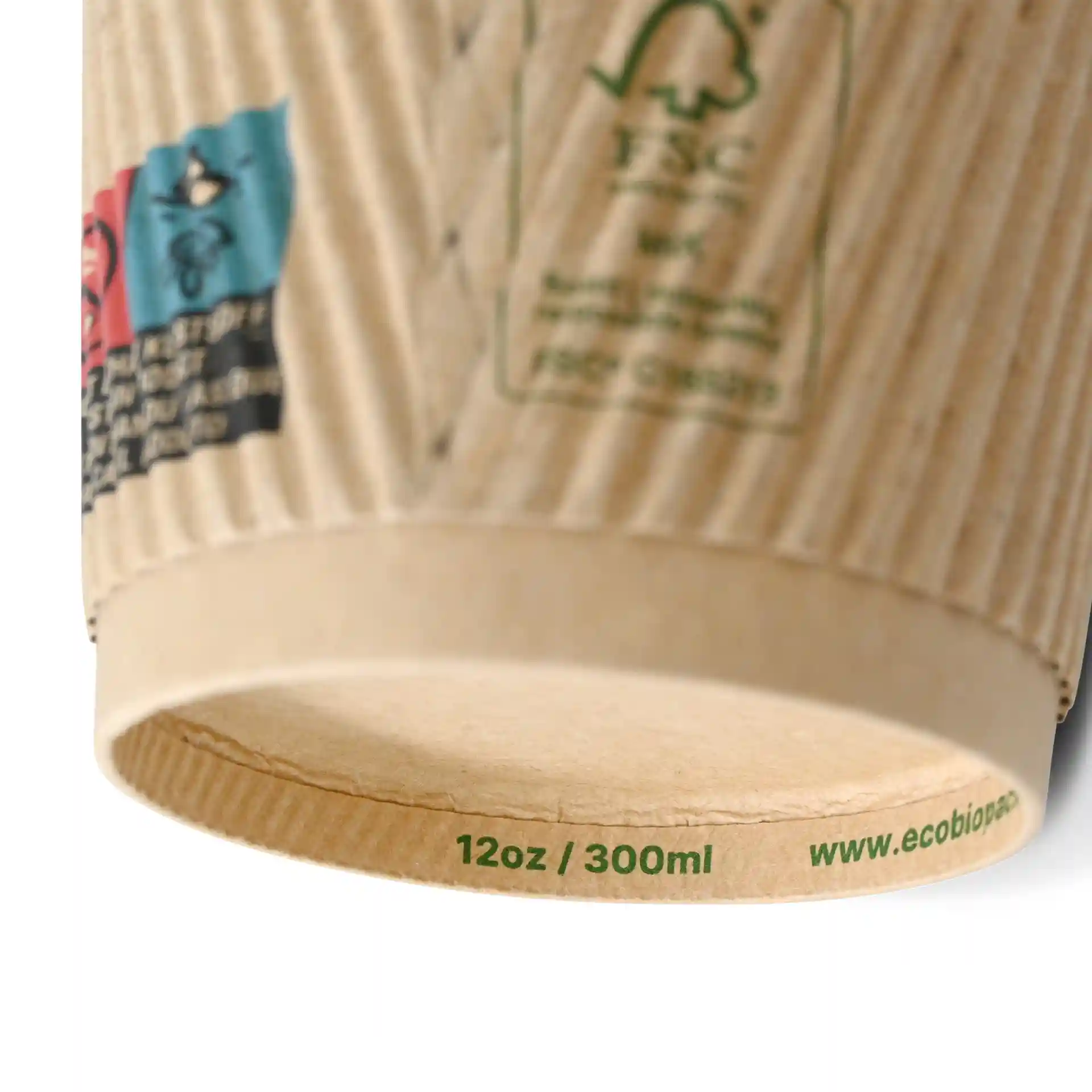 Bicchiere in kraft a coste con diametro di 90 mm e fondo stampato che mostra una capacità di 12 oz / 300 ml.