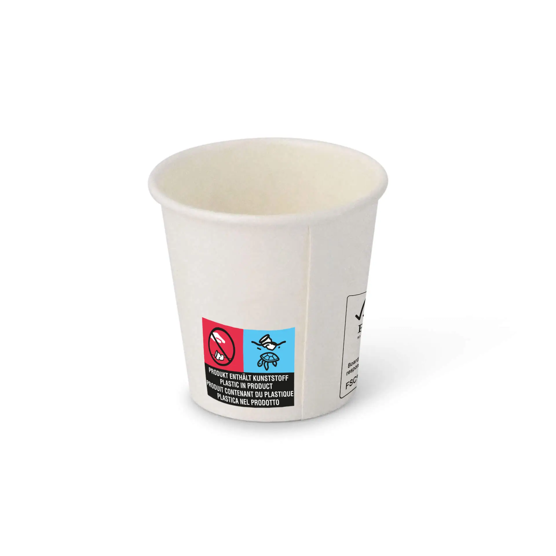 Un bicchiere di carta bianco da 2 oz con rivestimento in PE; presenta simboli di sicurezza e riciclaggio sul lato.