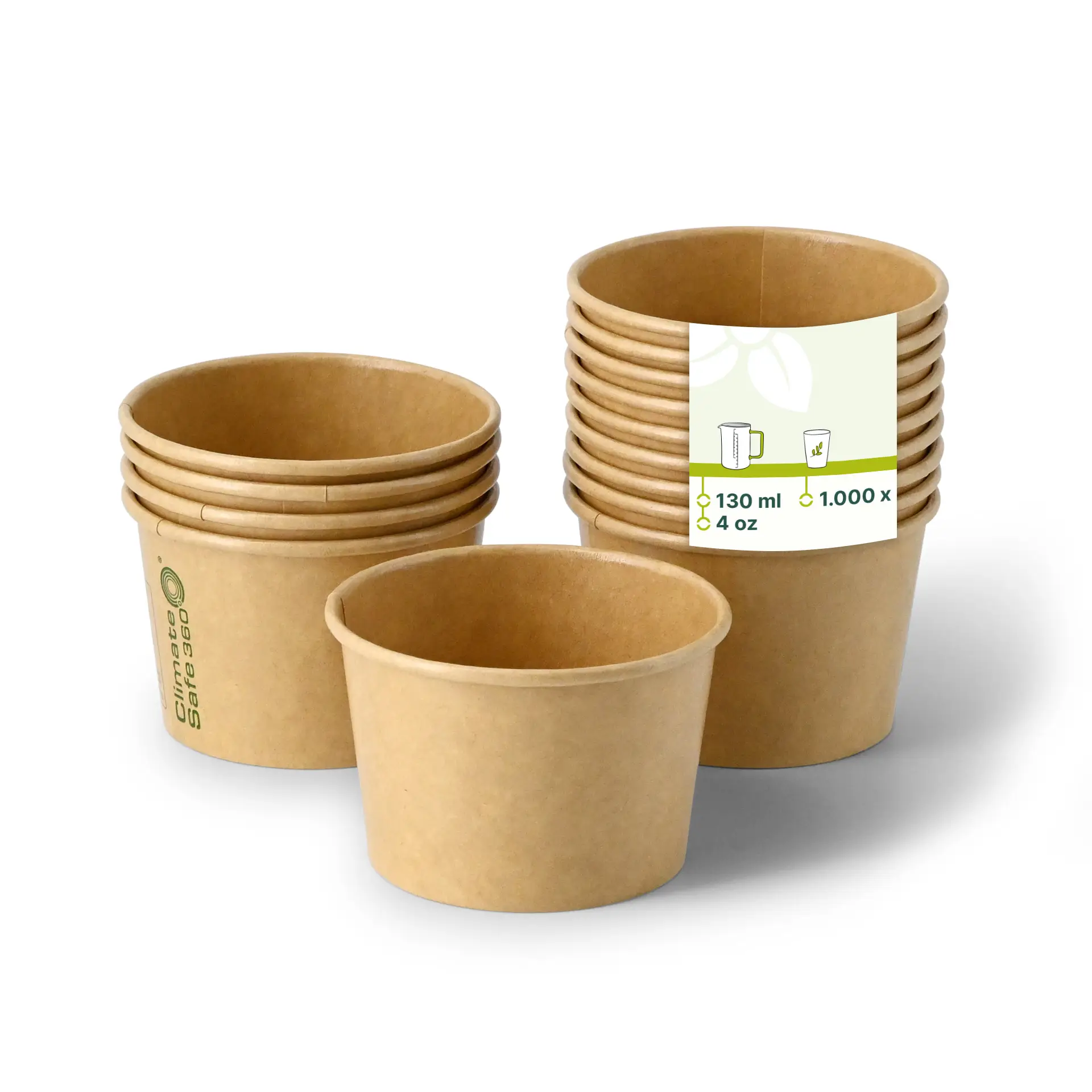 Impilamento di tazze marroni, una a fuoco; un’etichetta indica una capacità di 130 ml (4 oz).