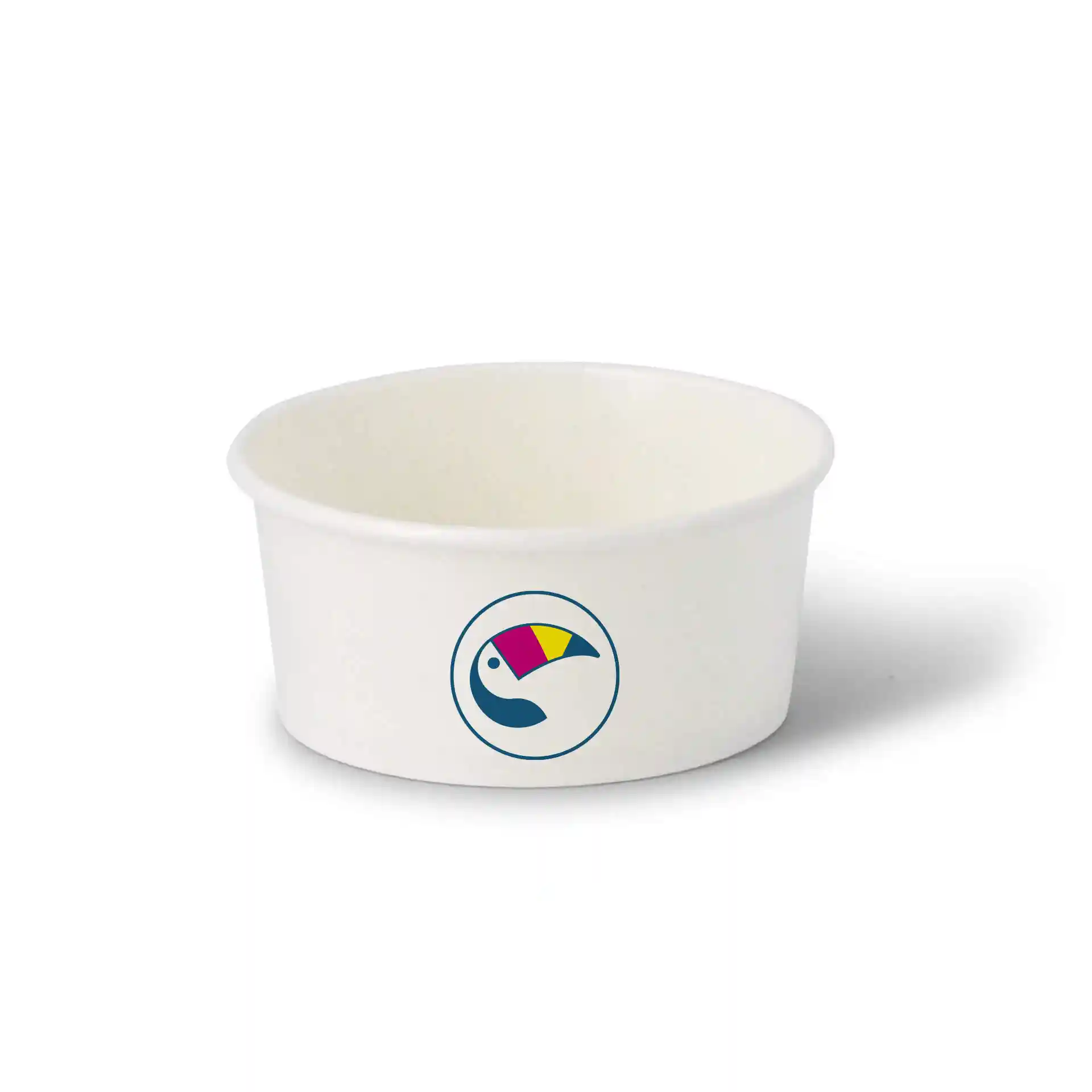 Coppa rotonda bianca per gelato con logo, capacità di 100 ml, in cartone, mostrata su uno sfondo semplice.