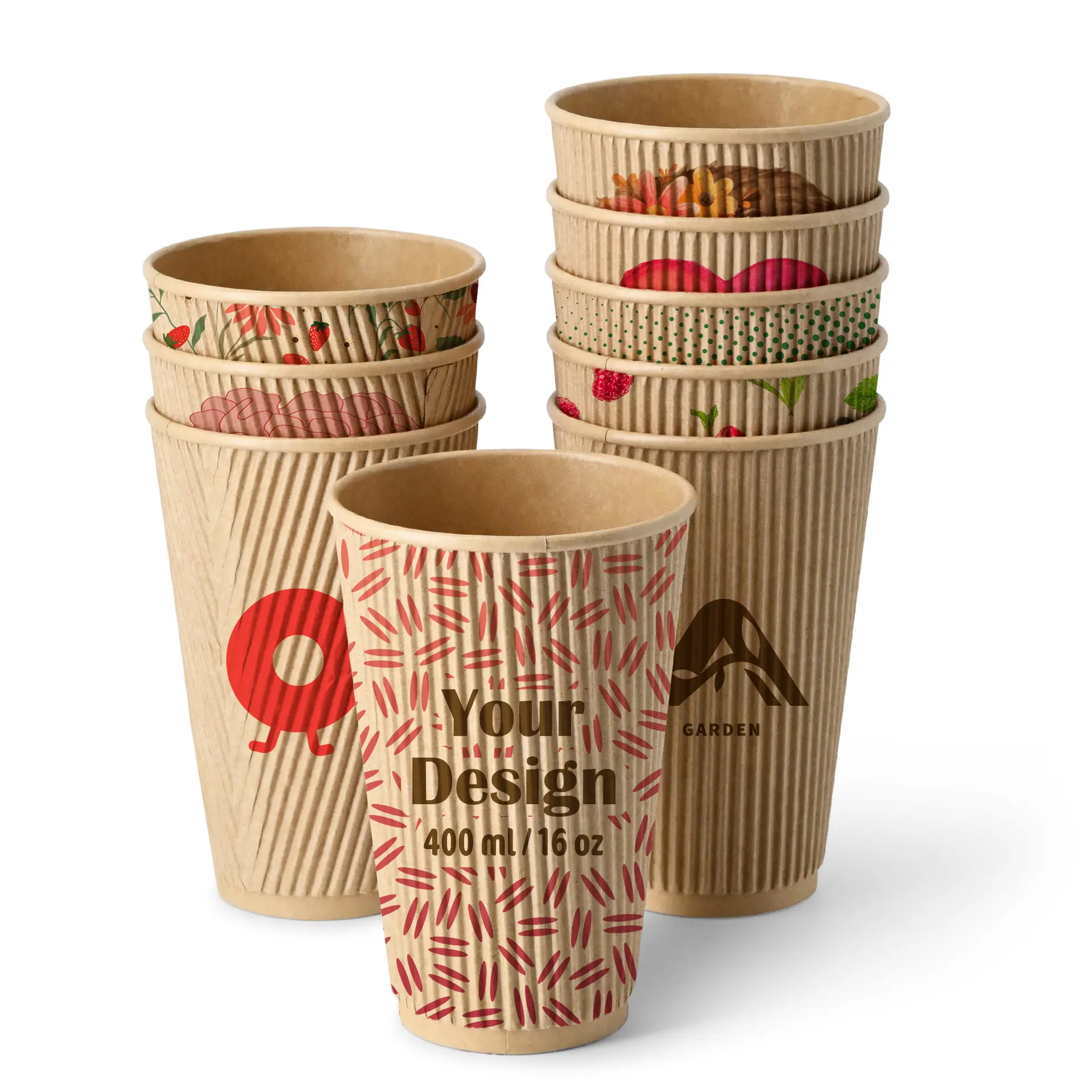 Riffelbecher bedruckt, 400 ml / 16 oz, braun, PE-beschichtet