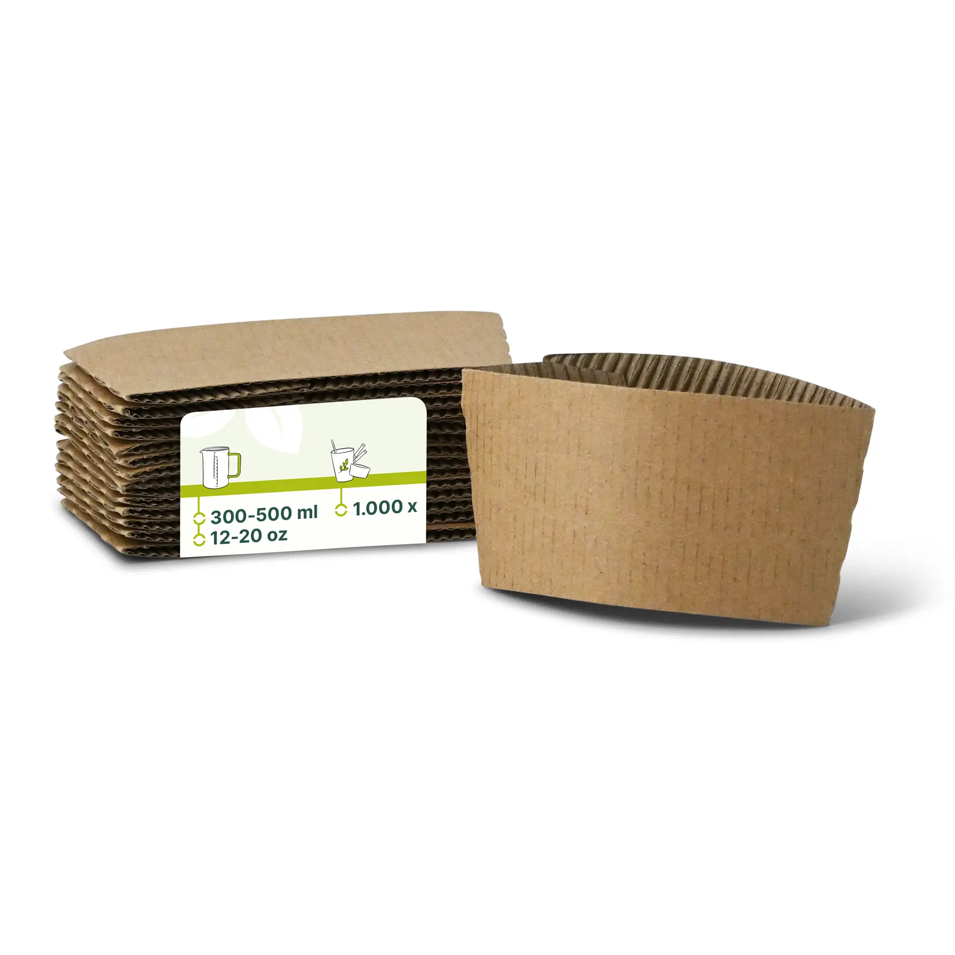 Maniche in cartone marrone per bicchieri di carta da 300-500 ml, altezza di 65 mm e larghezza di 130 mm.