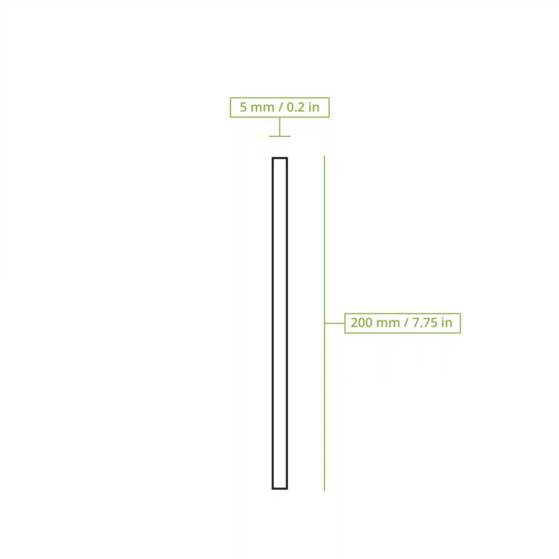 Disegno schematico di una cannuccia di carta bianca con dimensioni di 200 mm di lunghezza e 5 mm di diametro.